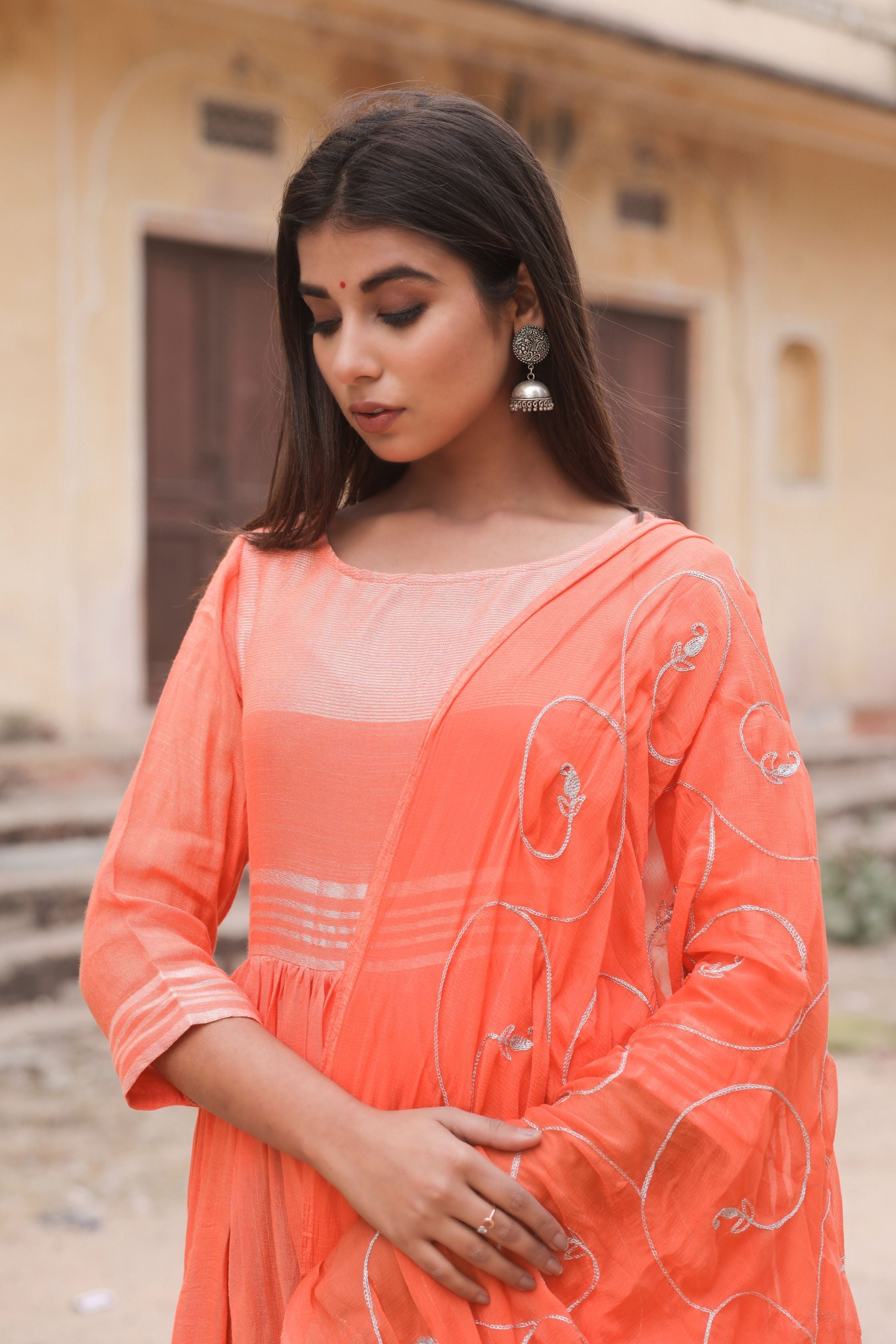 Women's Orange Hand Gota Work Gown With Dupatta - Saras The Label