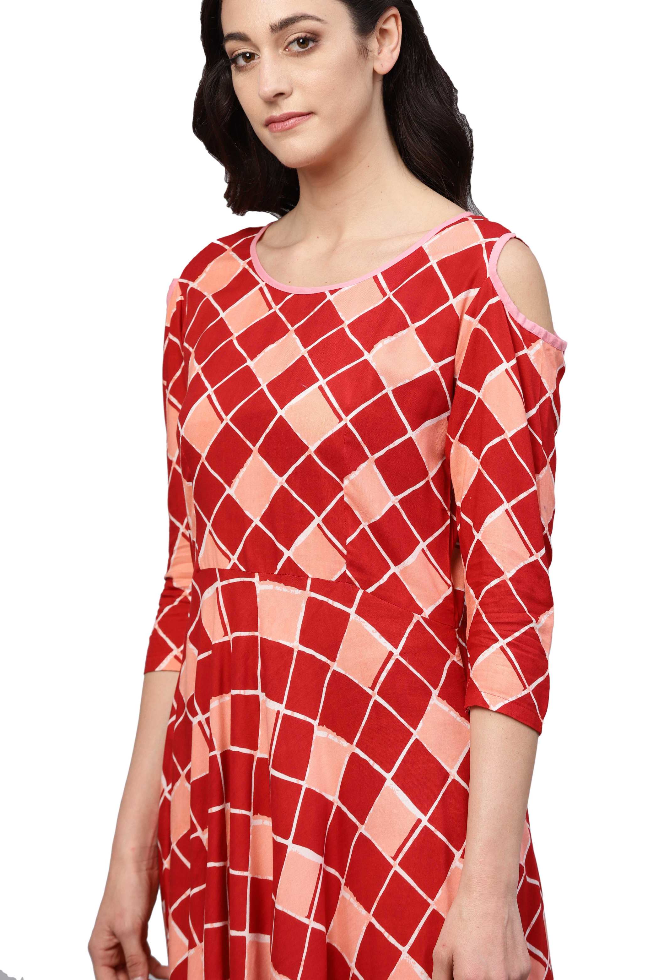 Women's Maroon Rayon Printed 3/4 Sleeve Round Neck Dress - Myshka