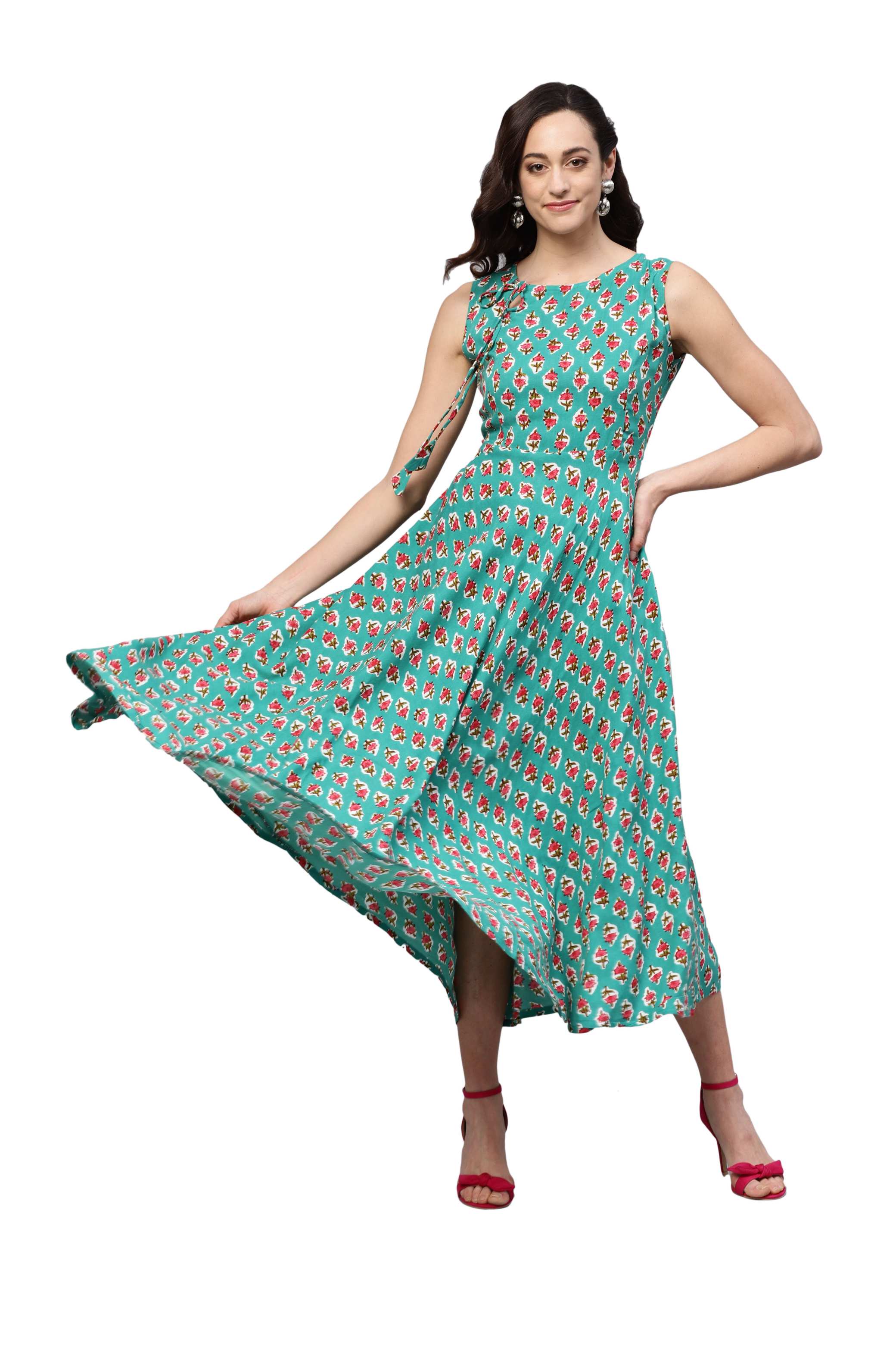 Women's Green Rayon Printed Sleeveless Round Neck Dress - Myshka