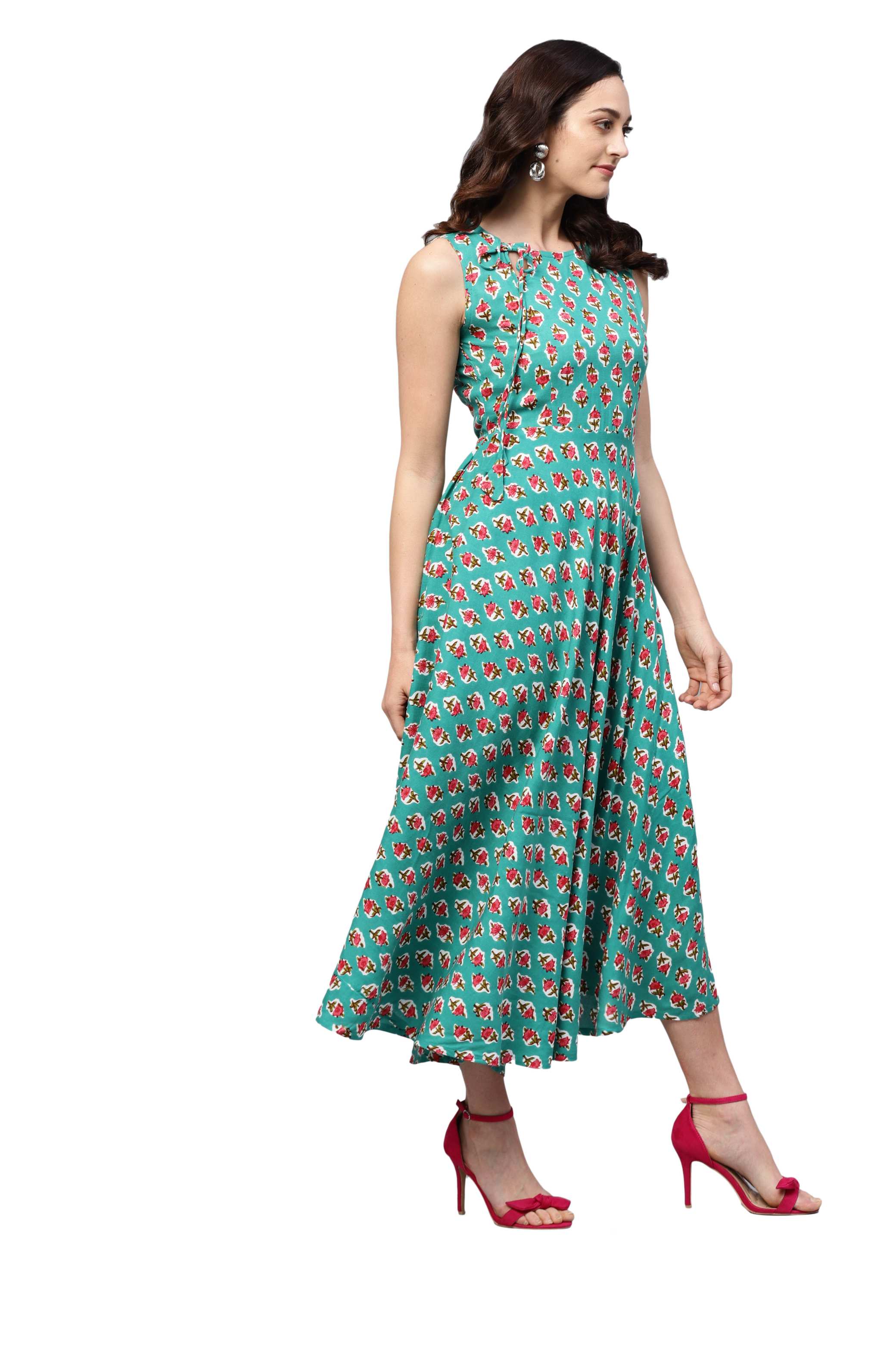 Women's Green Rayon Printed Sleeveless Round Neck Dress - Myshka