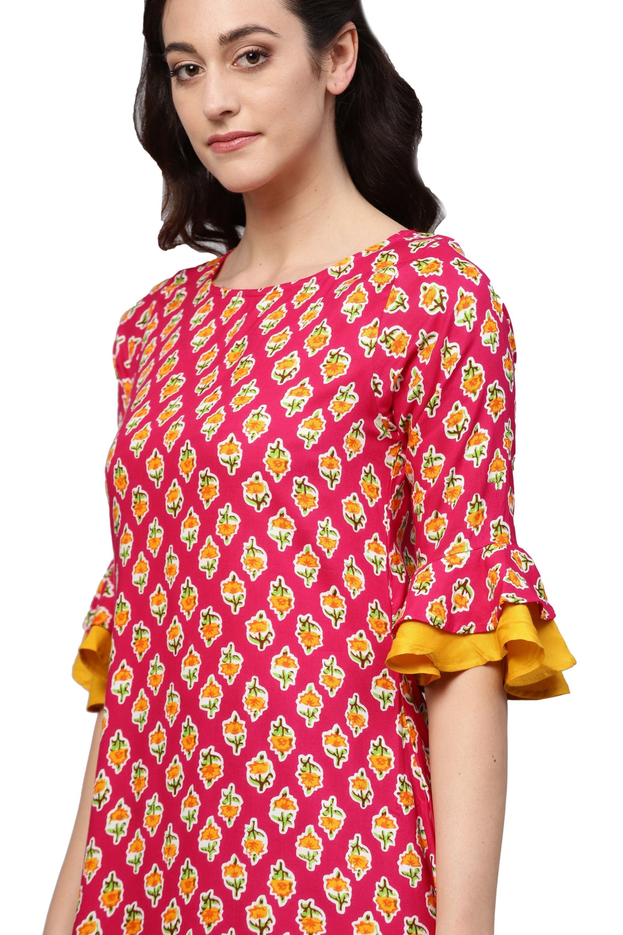 Women's Pink Rayon Printed 3/4 Sleeve Round Neck Dress - Myshka
