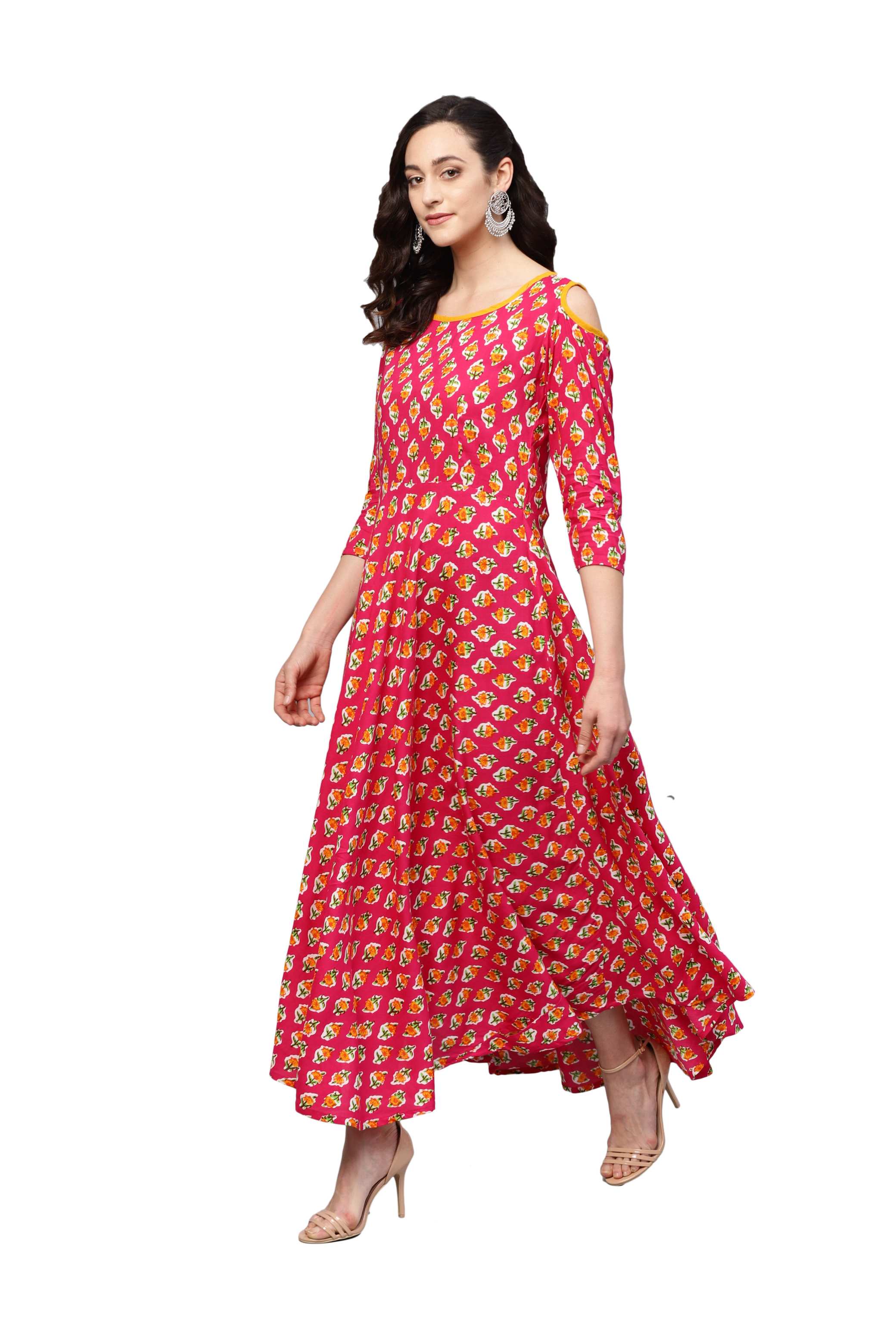 Women's Red Rayon Printed 3/4 Sleeve Round Neck Dress - Myshka