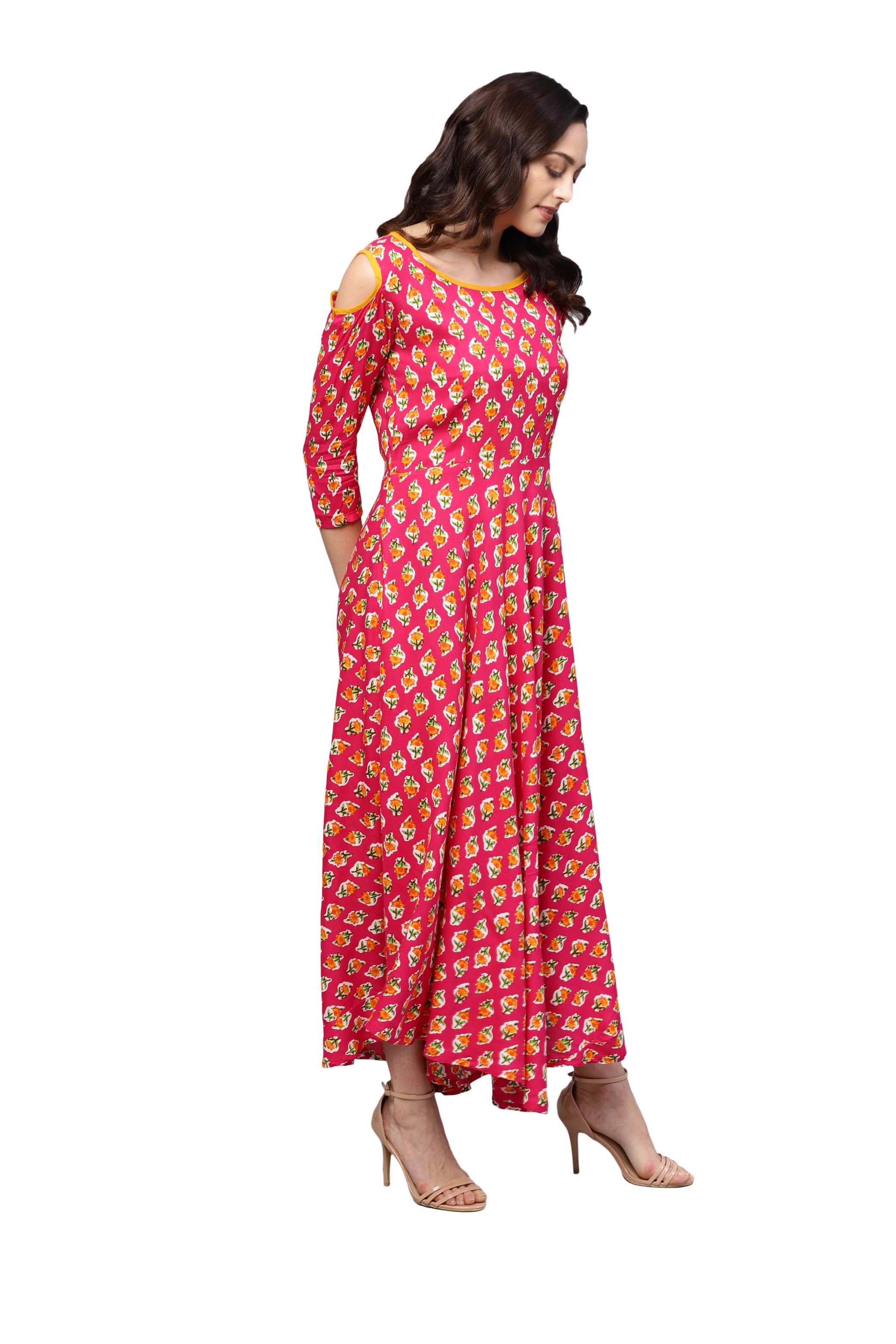 Women's Red Rayon Printed 3/4 Sleeve Round Neck Dress - Myshka