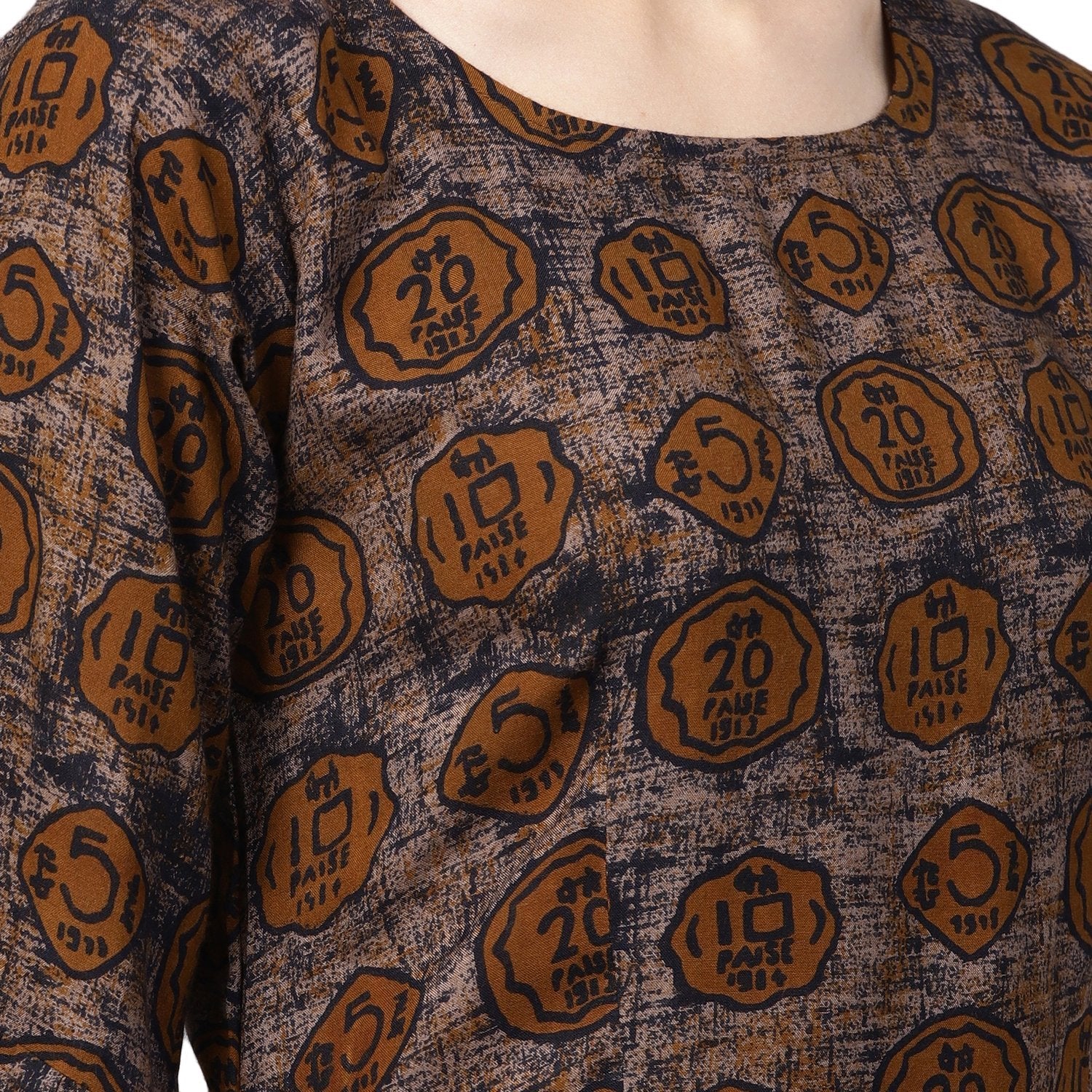 Women's Brown Rayon Printed 3/4 Sleeve Round Neck Casual Kurta Only - Myshka