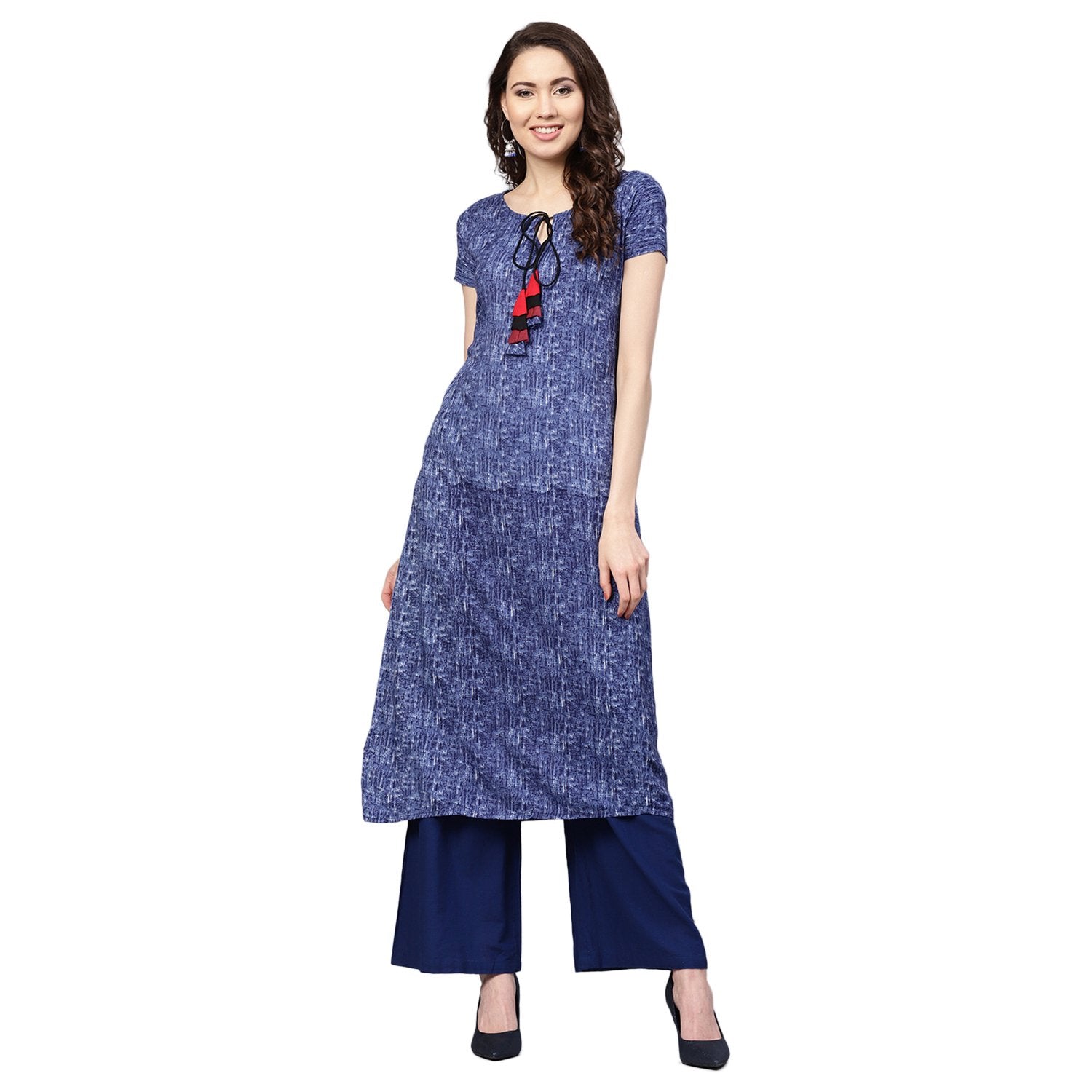 Women's Blue Cotton Printed Short Sleeve Round Neck Casual Kurta Only - Myshka
