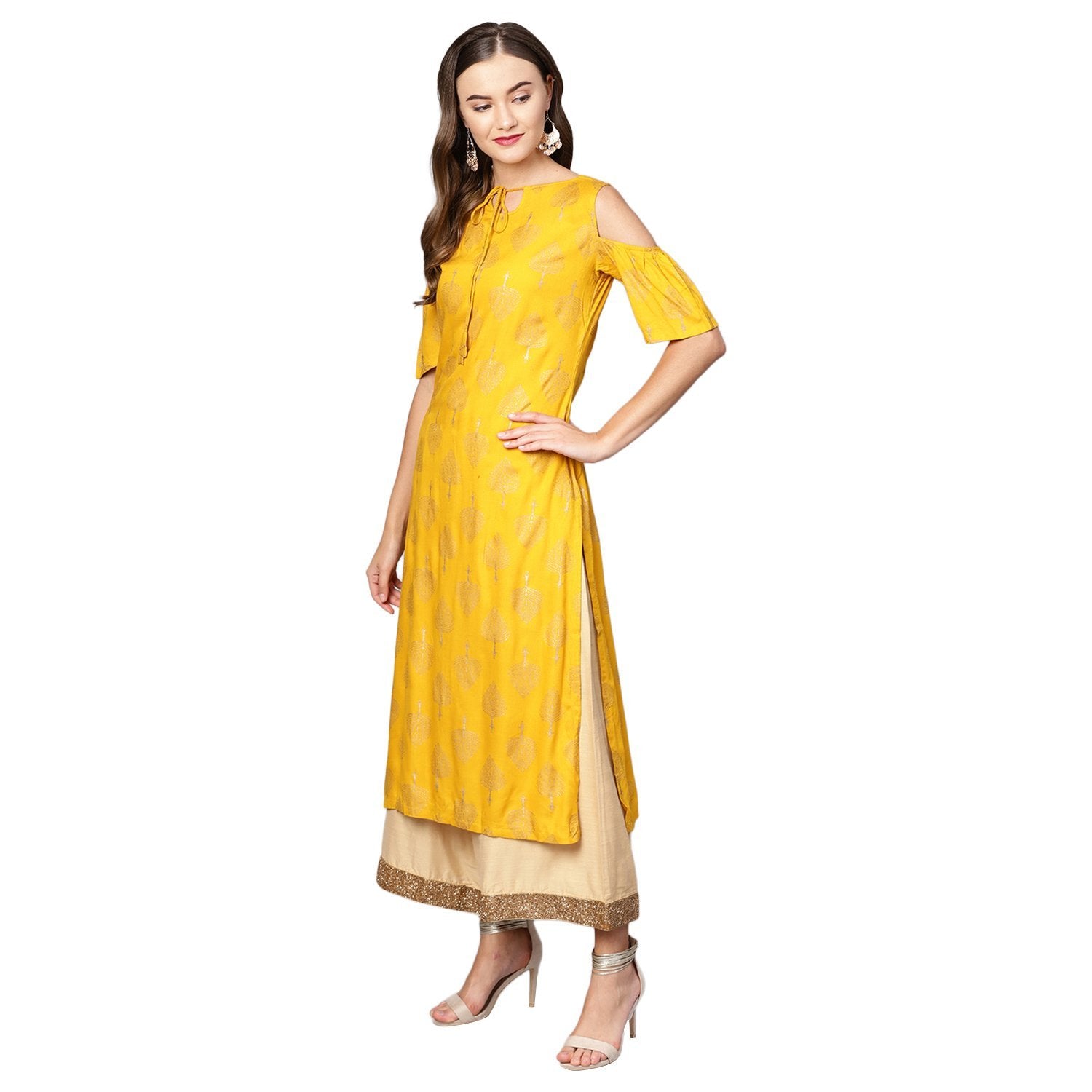 Women's Yellow Rayon Printed Short Sleeve Round Neck Casual Kurta Only - Myshka