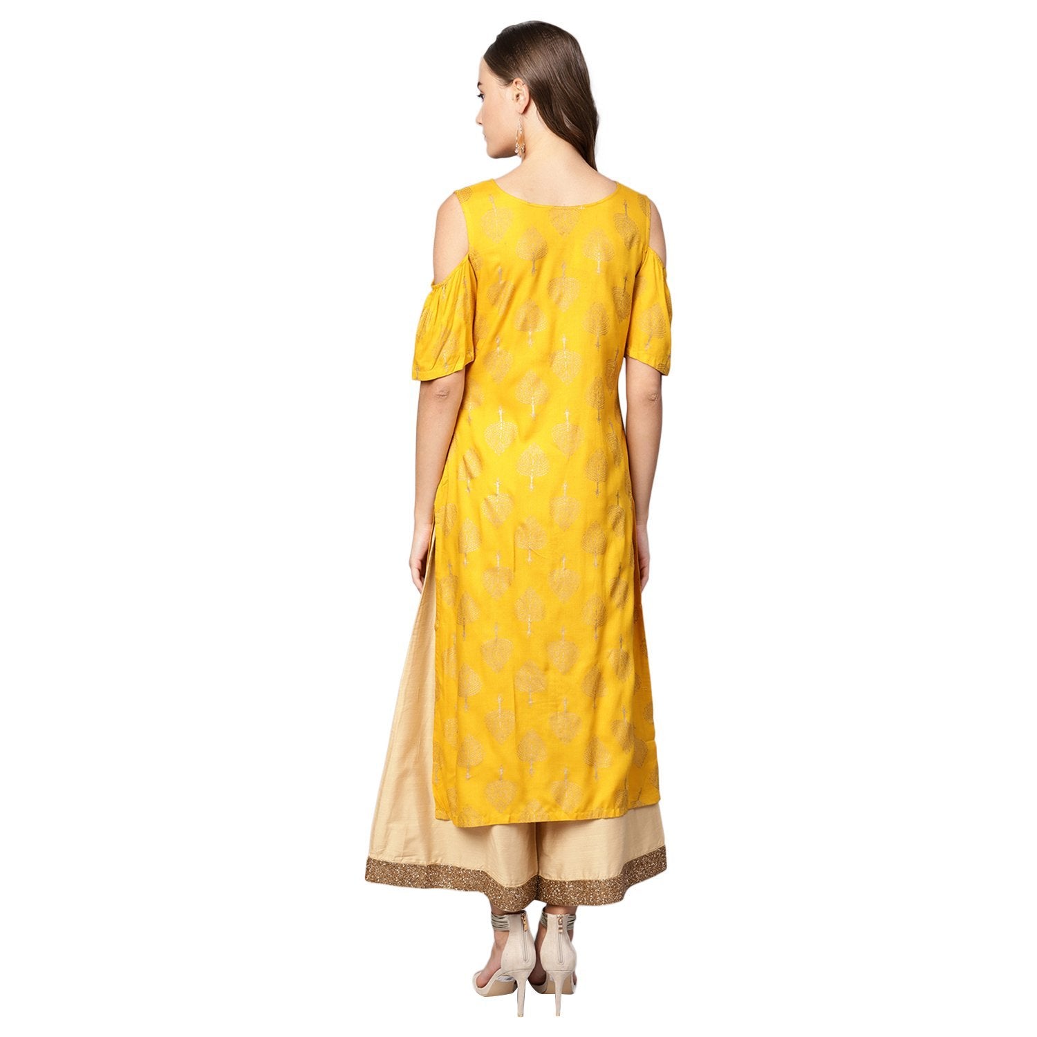 Women's Yellow Rayon Printed Short Sleeve Round Neck Casual Kurta Only - Myshka