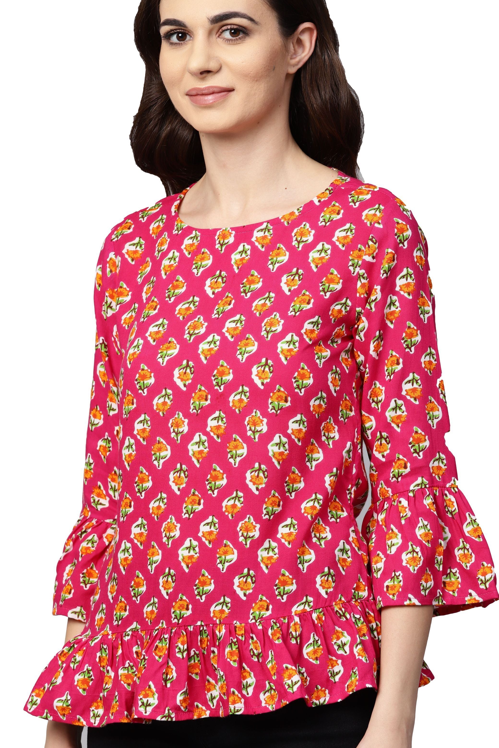 Women's Pink Printed 3/4 Sleeve Round Neck Viscose Rayon Casual Top - Myshka