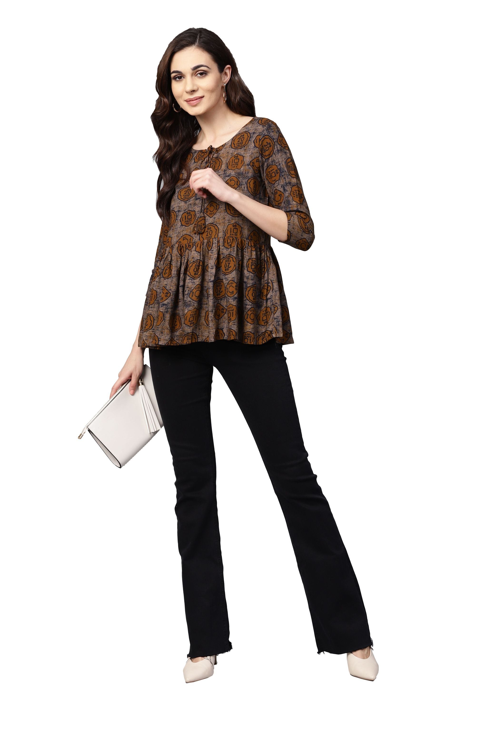 Women Brown Printed Top by Myshka (1 Pc Set)