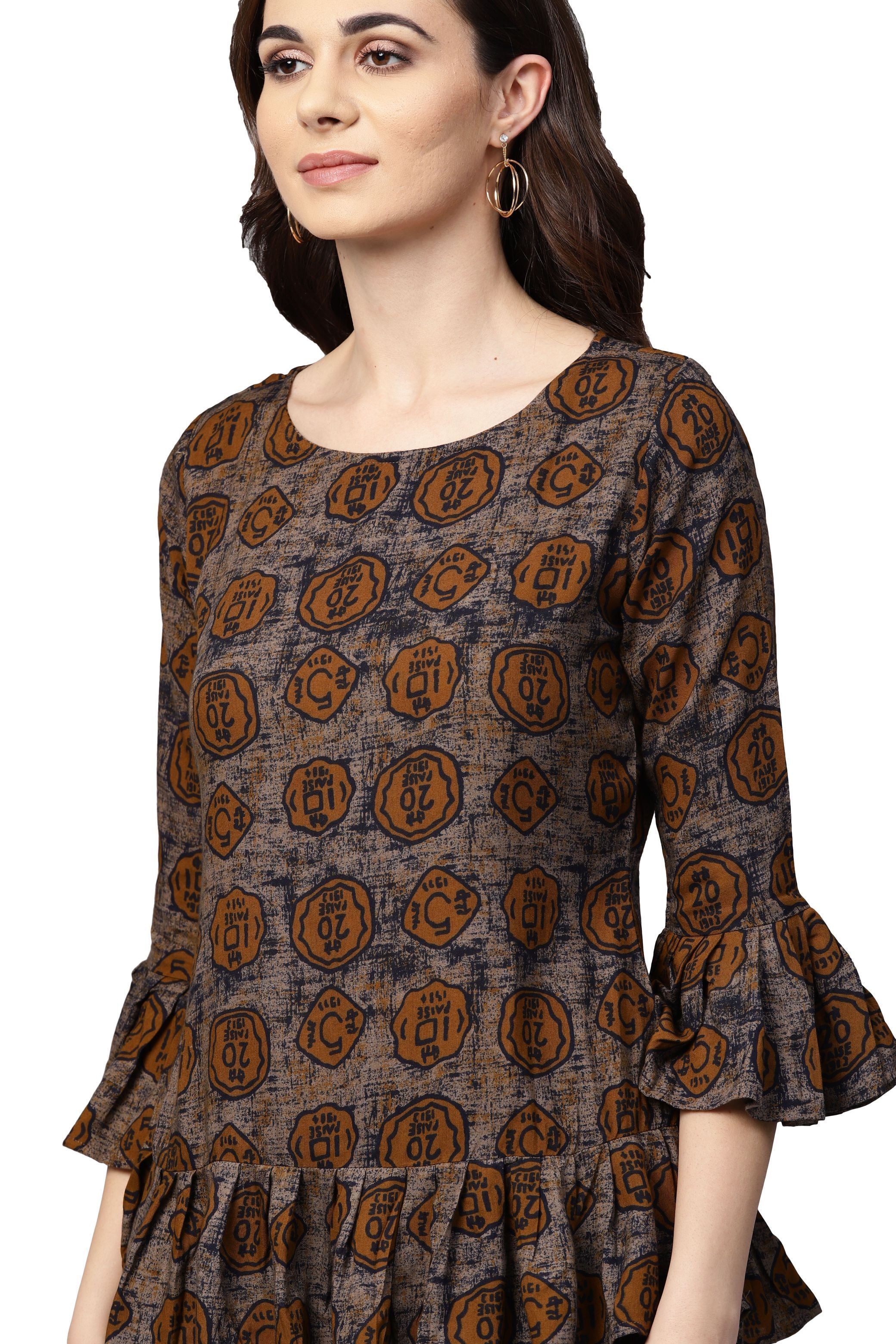 Women's Brown Printed 3/4 Sleeve Round Neck Viscose Rayon Casual Top - Myshka