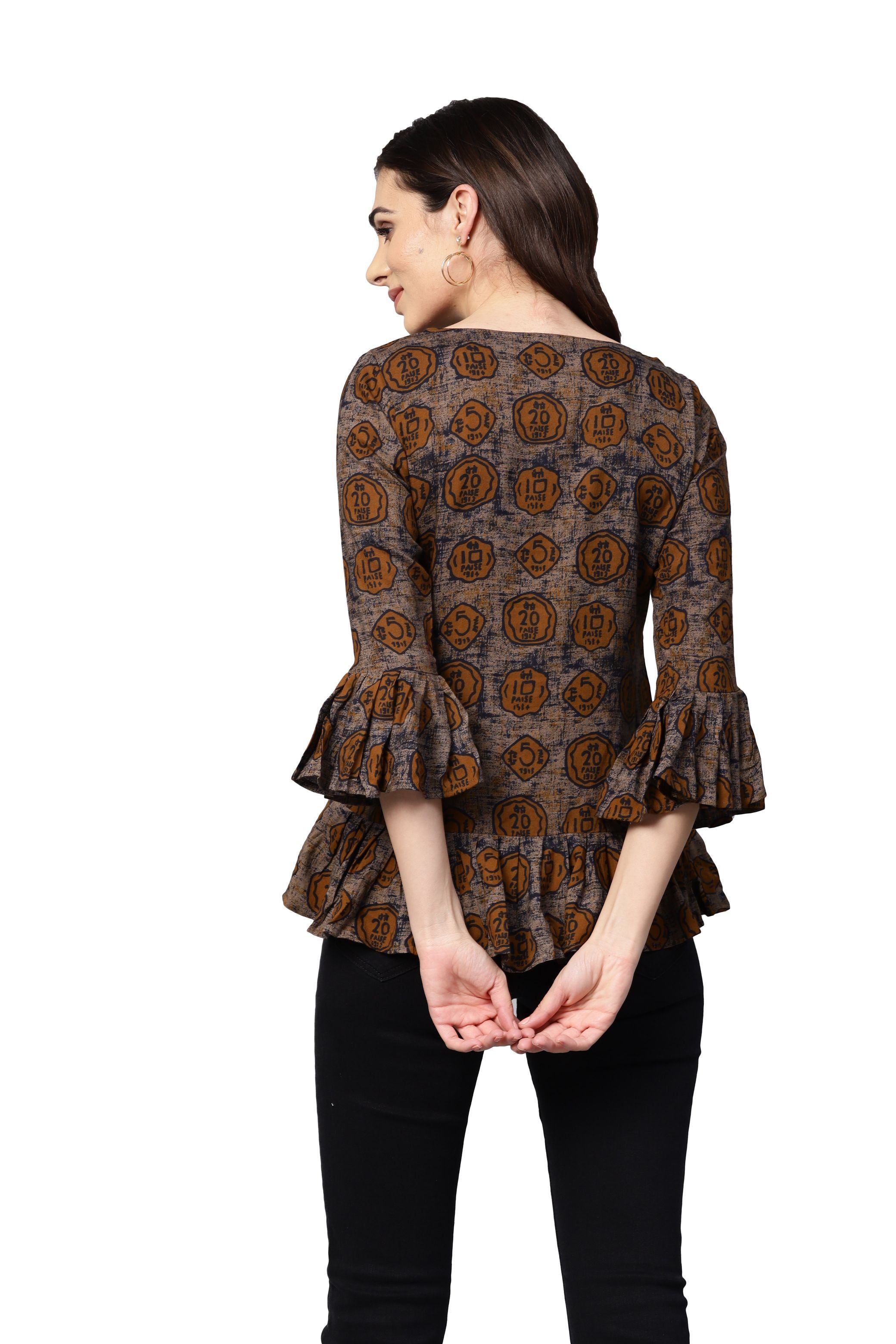 Women's Brown Printed 3/4 Sleeve Round Neck Viscose Rayon Casual Top - Myshka