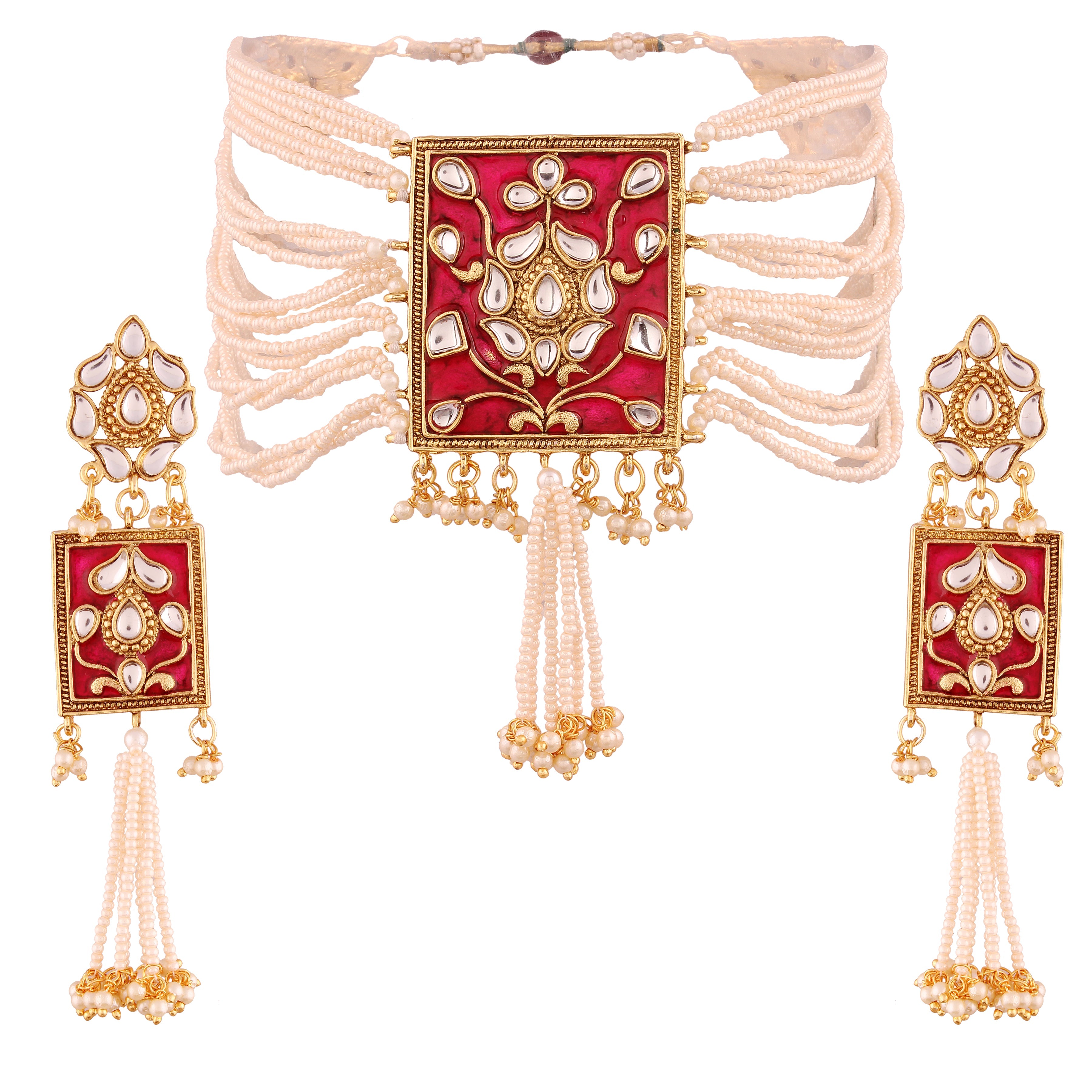 Women's gold plated traditiona padmavati pearl kundan necklace with earrings ml118bl - I Jewels
