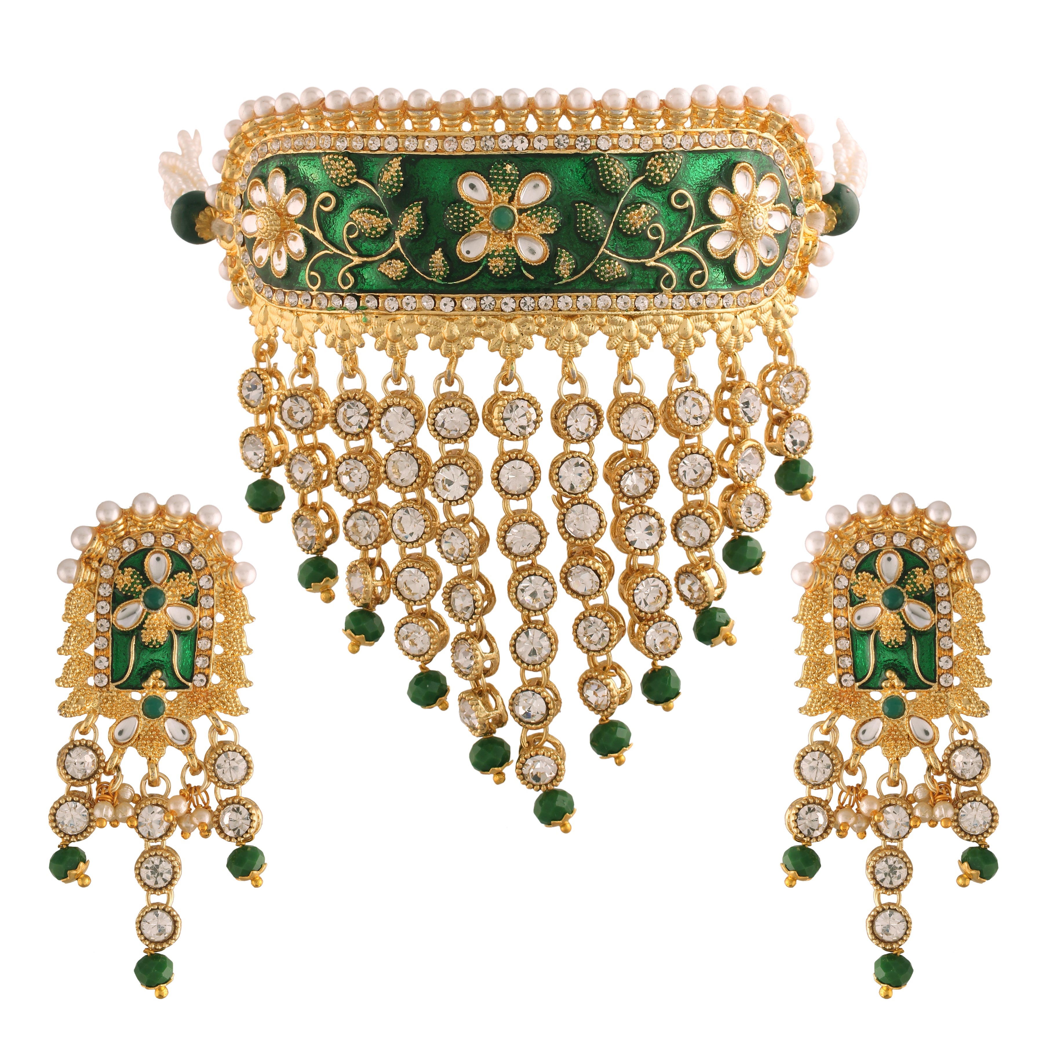 Women's gold plated handcrafted enamel meena work traditional choker with stone studded  jewellery set ml123g - I Jewels