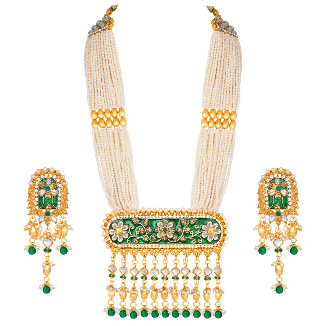 Women's traditional gold plated kundan pearl multi layered blue meena work longnecklace earrings set ml181bl - I Jewels