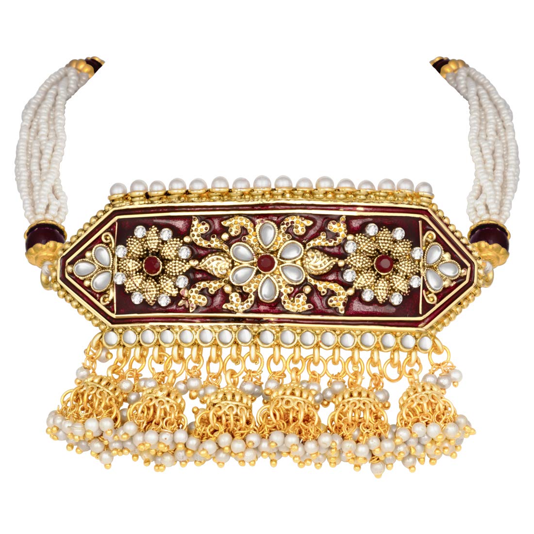 Women's traditiona lgold plated kundan pearl meena work choker jewellery set with jhumkis ml185g - I Jewels