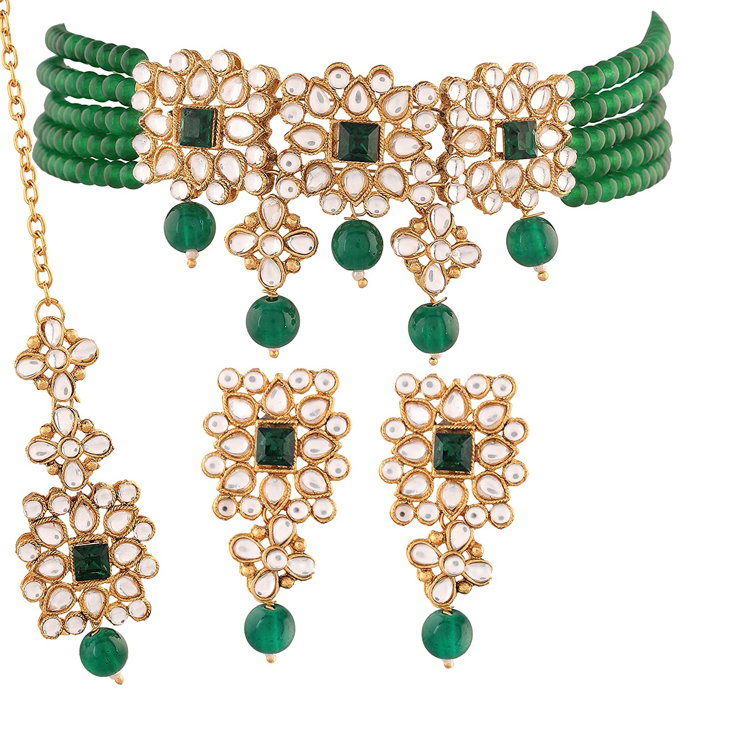 Women's Gold Plated Green Pearl & Kundan Studded Choker Necklace Set with Earrings & Maang Tikka - i jewels