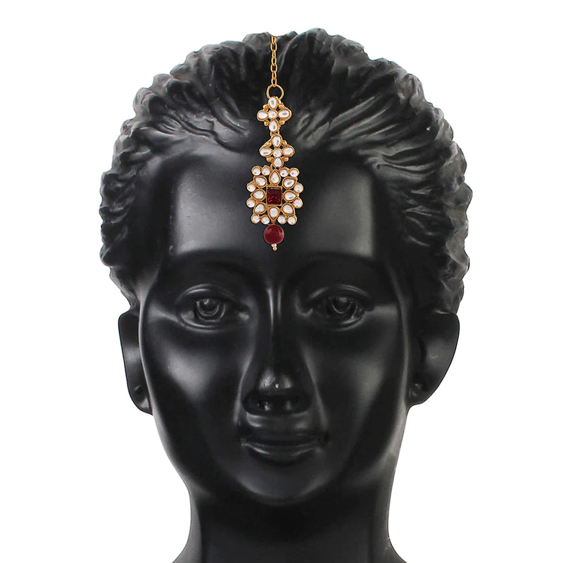 Women's Gold Plated Maroon Pearl & Kundan Studded Choker Necklace Set with Earrings & Maang Tikka - i jewels