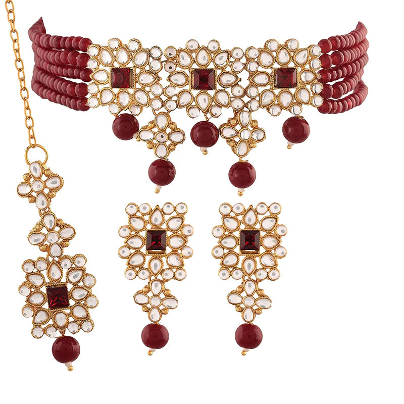 Women's Gold Plated Maroon Pearl & Kundan Studded Choker Necklace Set with Earrings & Maang Tikka - i jewels