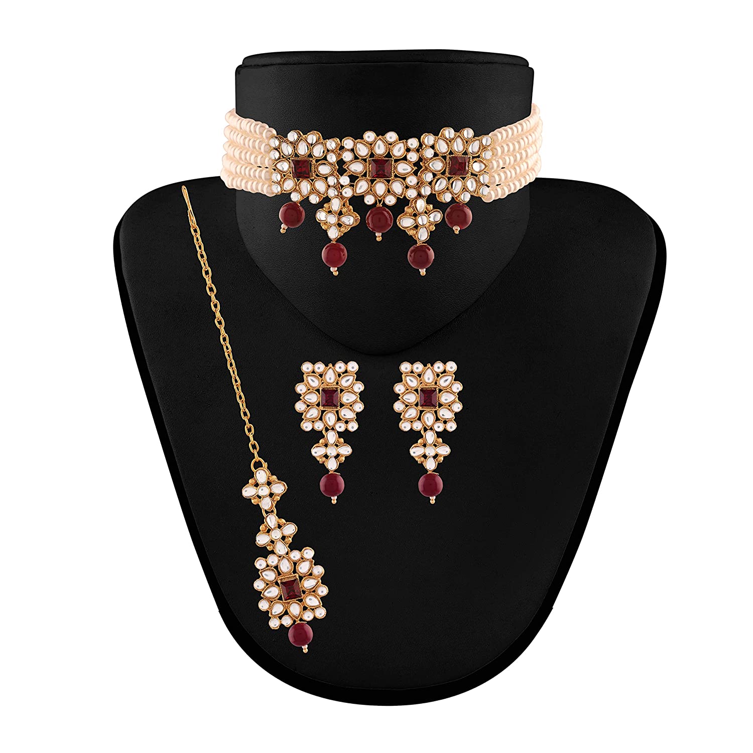 Women's Gold Plated White & Maroon Pearl & Kundan Studded Choker Necklace Set with Earrings & Maang Tikka - i jewels