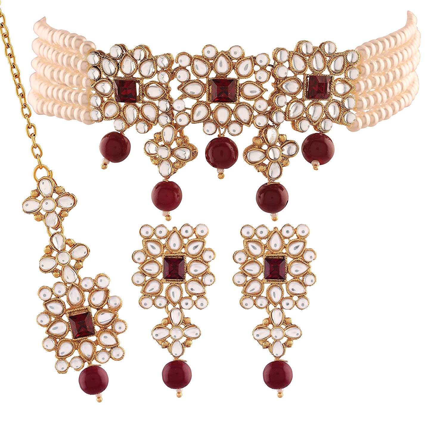 Women's Gold Plated White & Maroon Pearl & Kundan Studded Choker Necklace Set with Earrings & Maang Tikka - i jewels