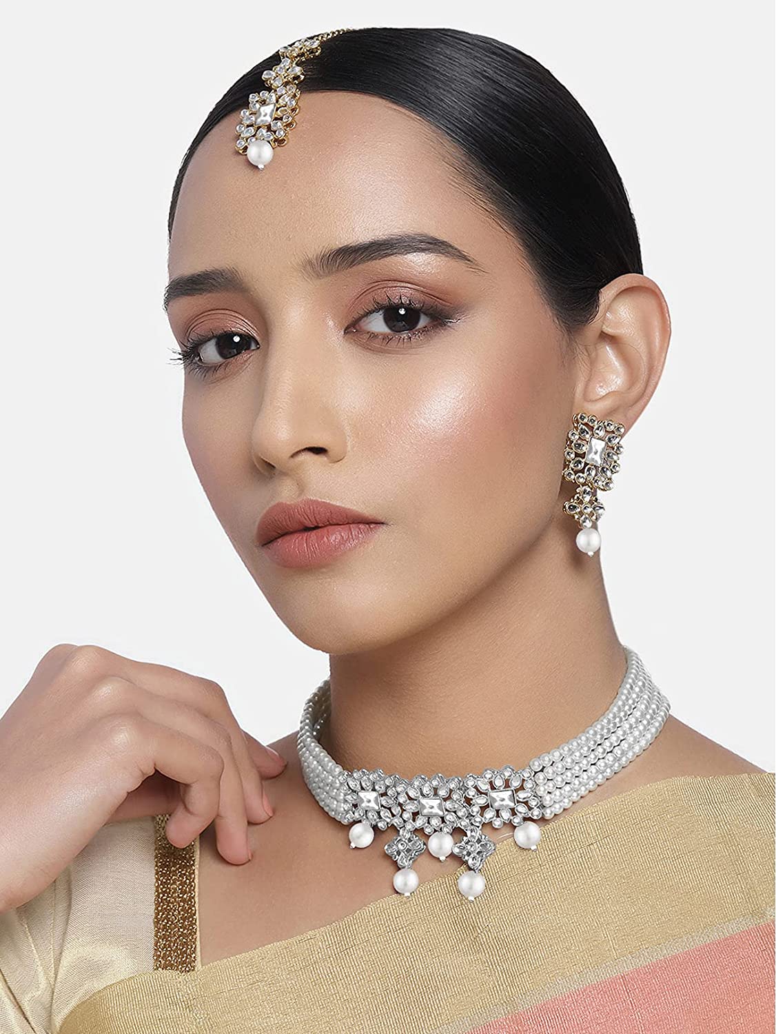 Women's Rhodium Plated Pearl & Kundan Studded Choker Necklace Set with Earrings & Maang Tikka - i jewels