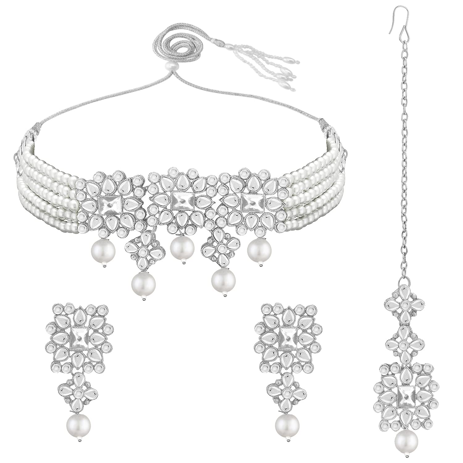 Women's Rhodium Plated Pearl & Kundan Studded Choker Necklace Set with Earrings & Maang Tikka - i jewels