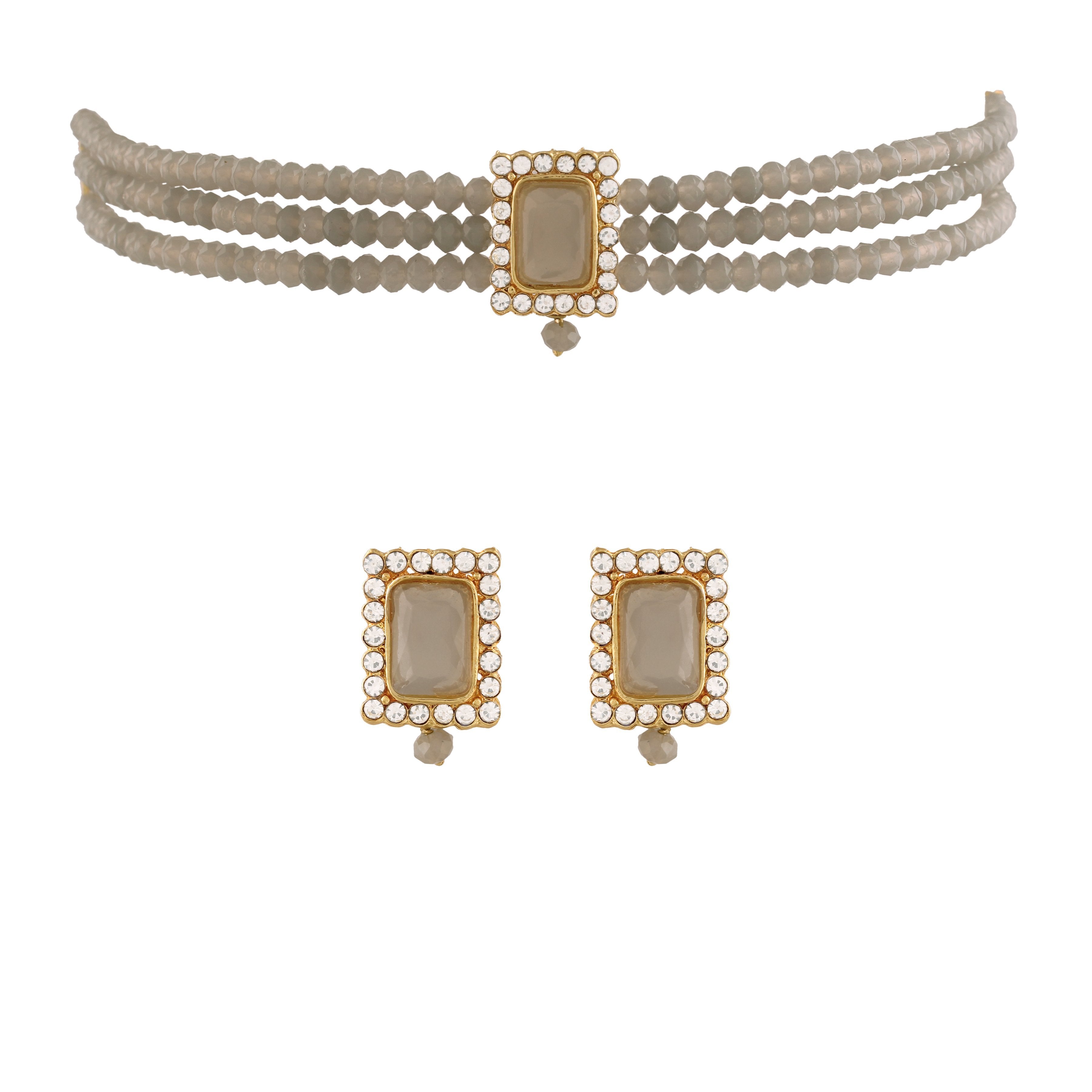 Women's  Gold Plated  Handcrafted Crystal Stone Studded Choker Necklace Jewellery Set With Earrings - i jewels