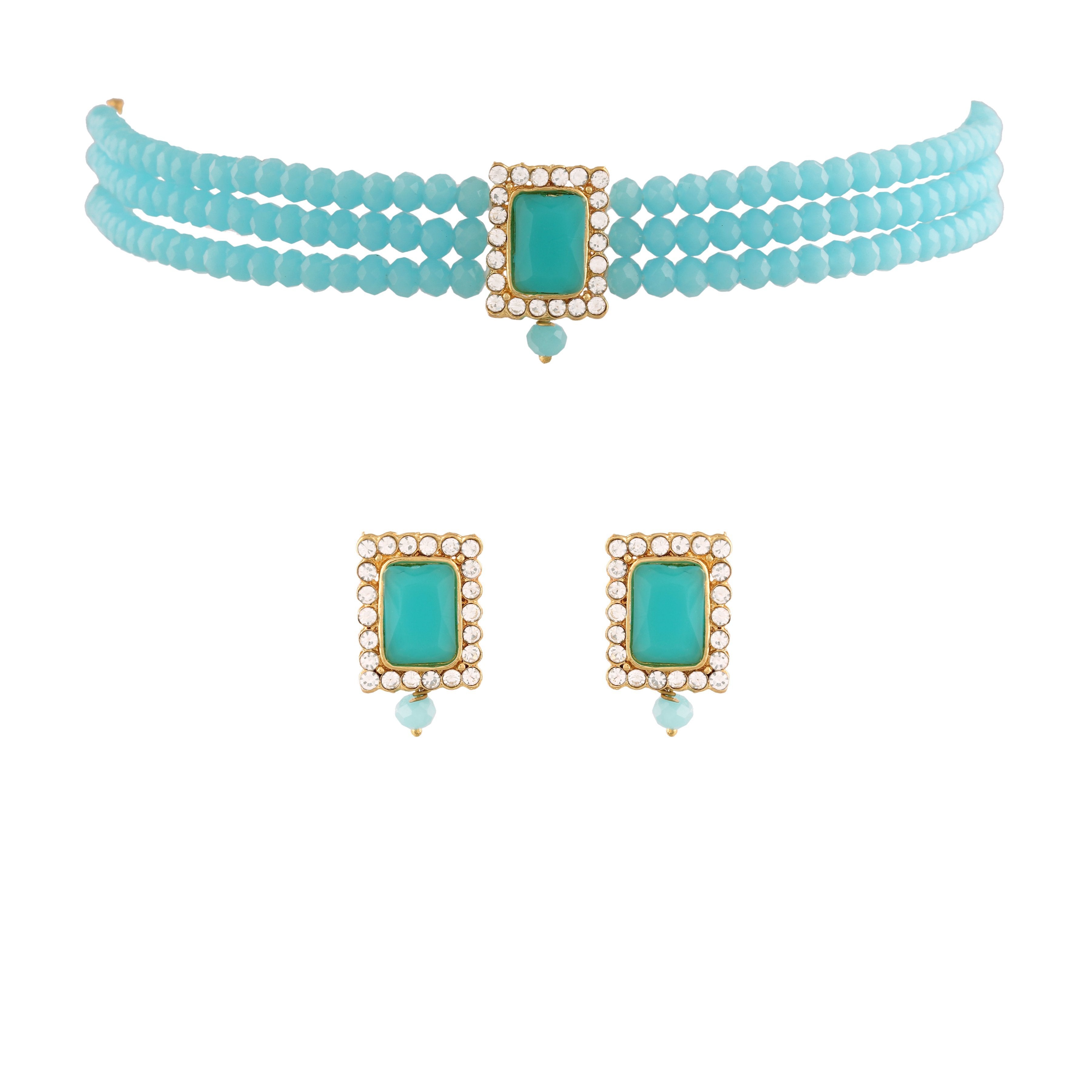 Women's  Gold Plated Traditional Handcrafted Turquoise Crystal Stone Beaded Choker Necklace Jewellery Set With Earrings - i jewels