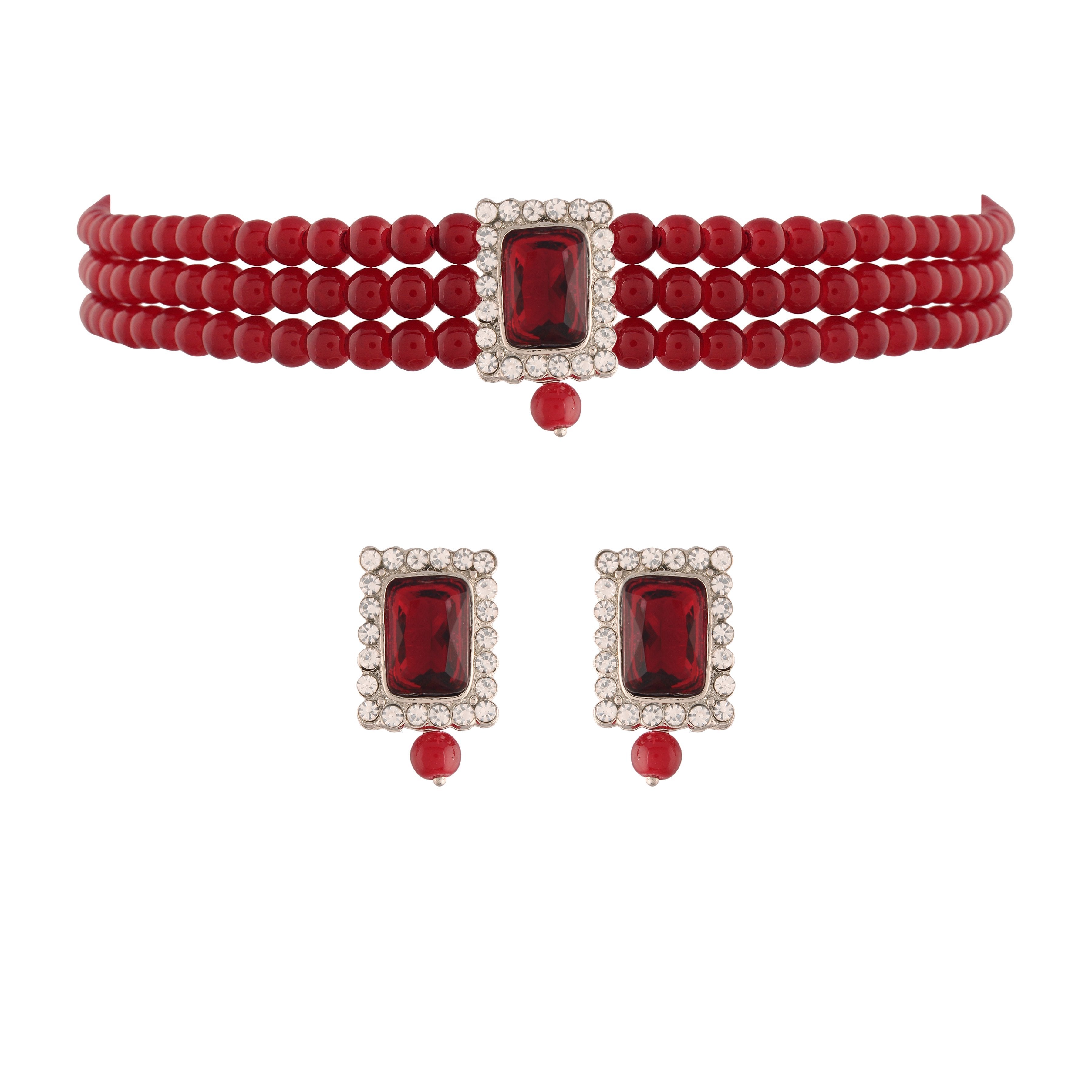 Women's  Rhodium Plated Maroon Stone Studded Pearl Choker Necklace Jewellery Set With Earrings For Women  - i jewels