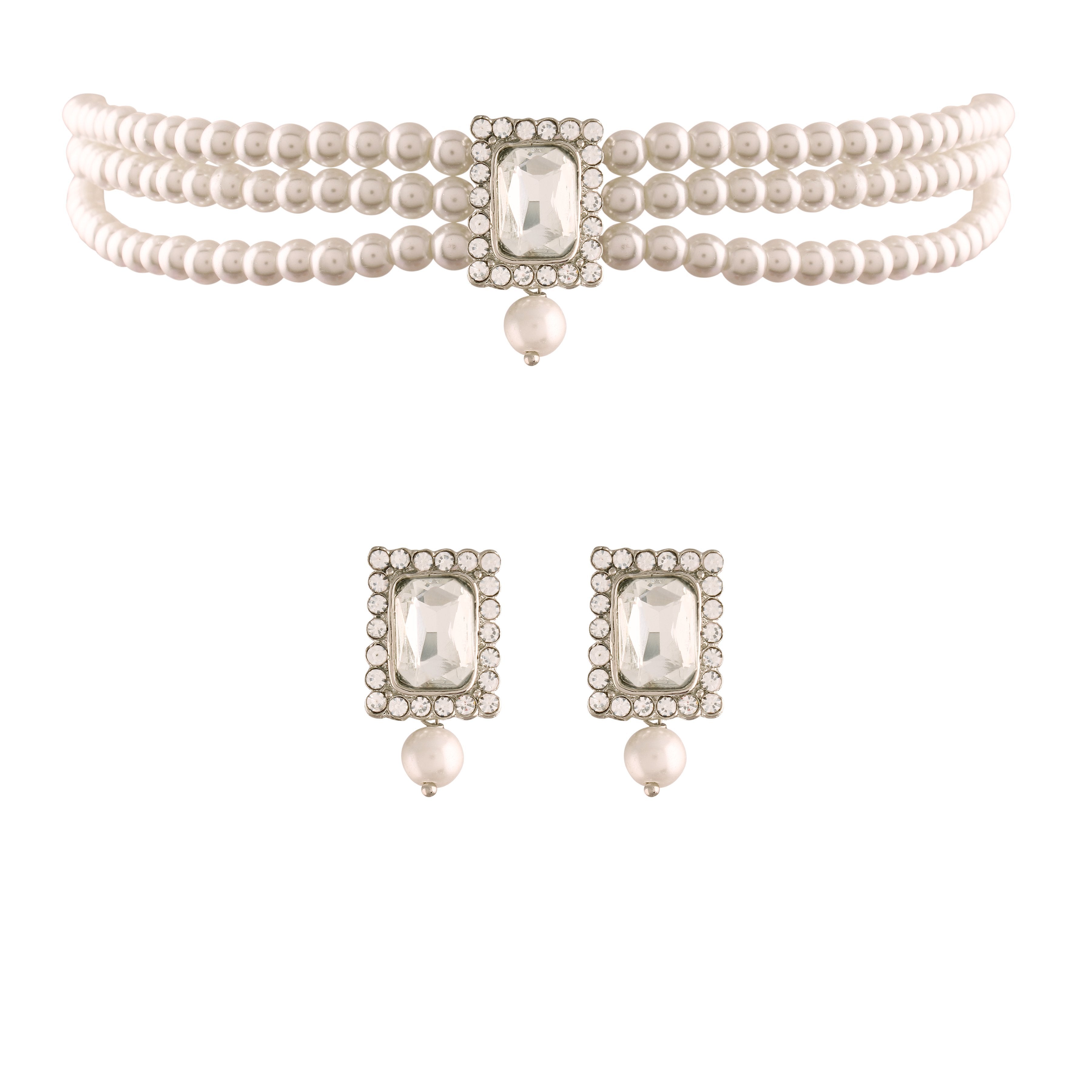 Women's  Rhodium Plated White Stone & Pearl Beaded Choker Set With Earrings For Women  - i jewels