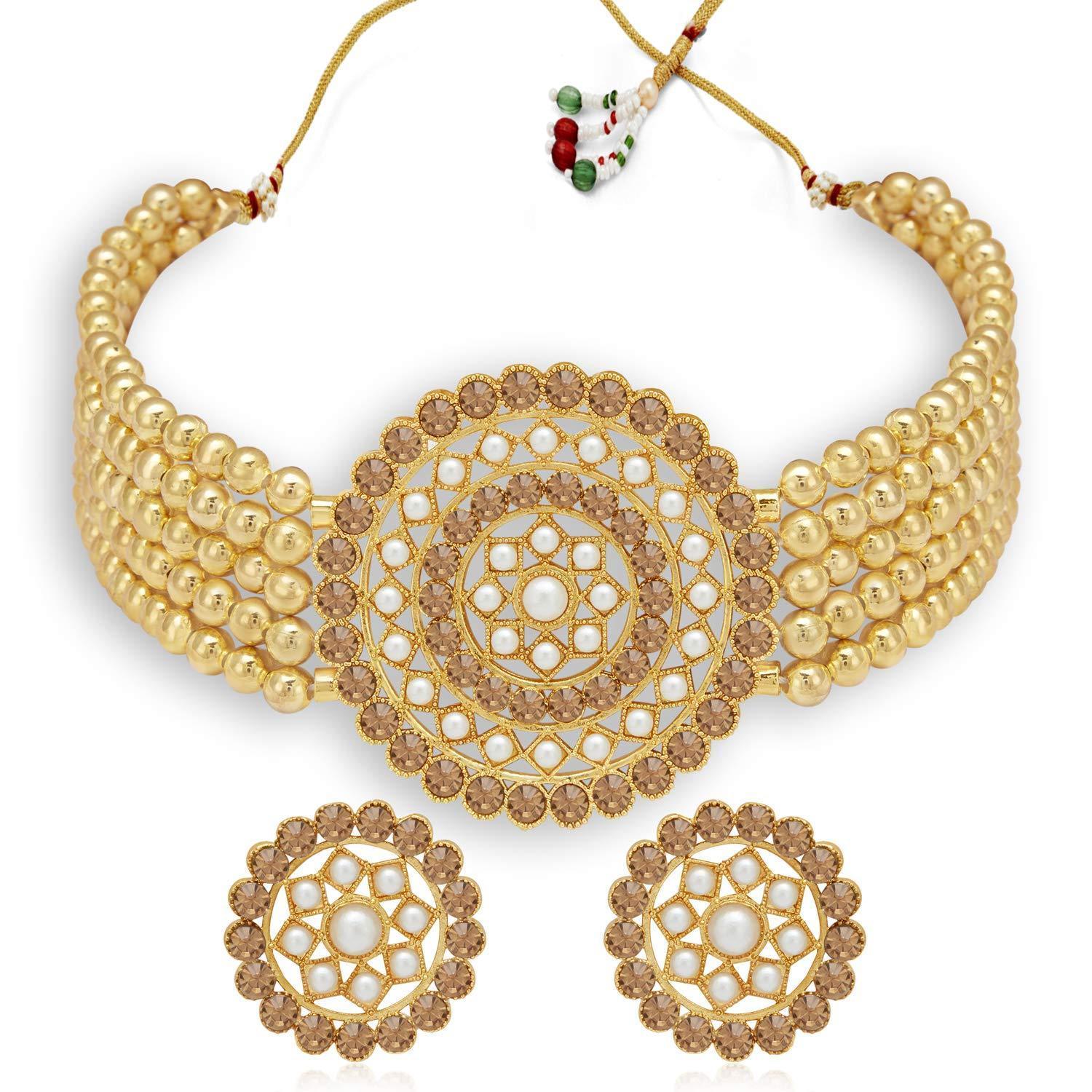 Women's Gold Plated Traditional Light Weight Pearl Beaded Choker Necklace Jewellery Set - i jewels