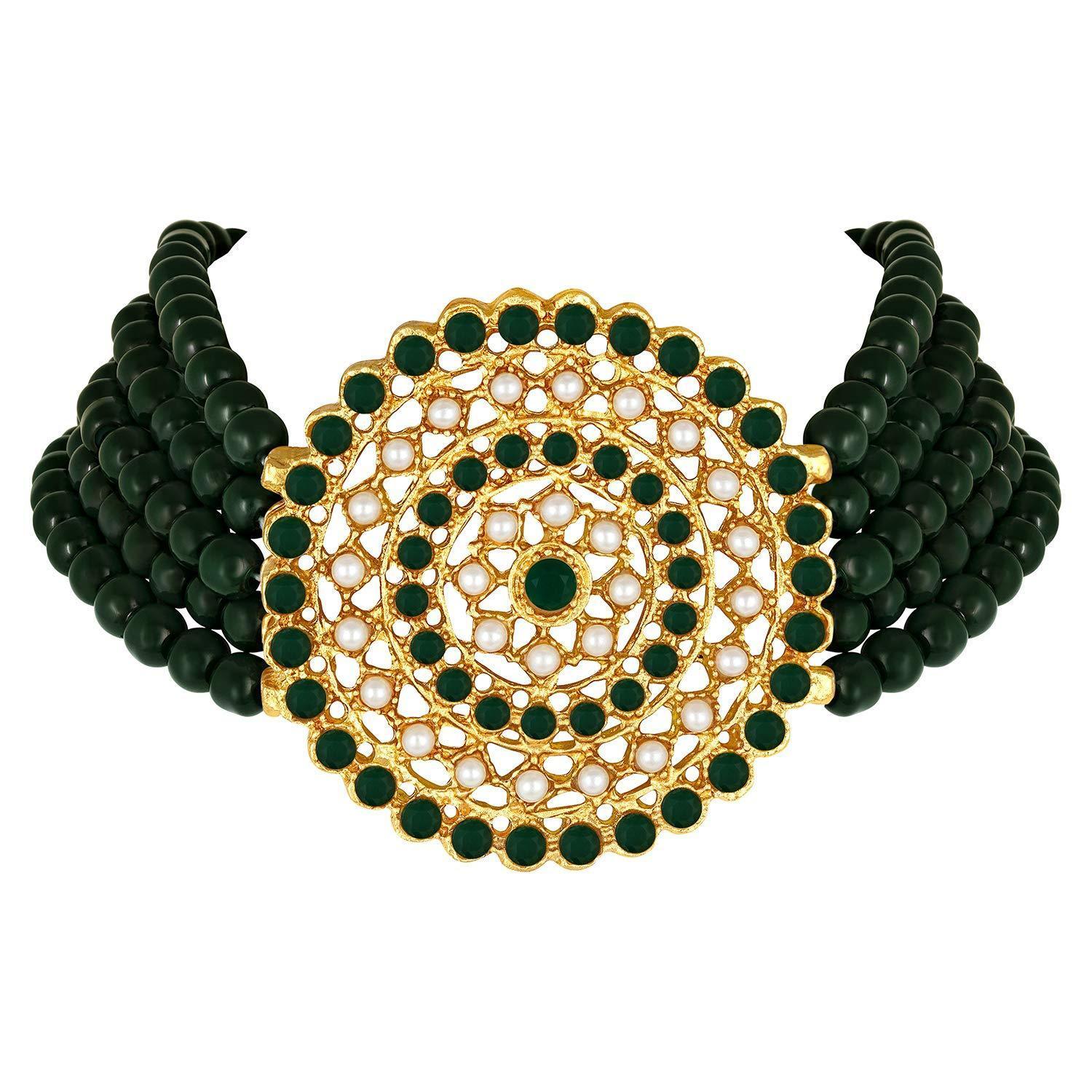 Women's Gold Plated Green Light Weight Pearl Beaded Choker Necklace Jewellery Set - i jewels