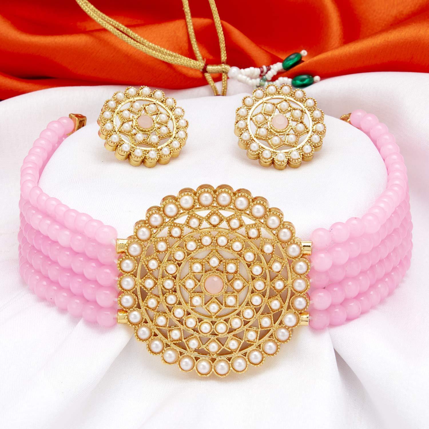 Women's Gold Plated Pink Light Weight Pearl Beaded Choker Necklace Set - i jewels