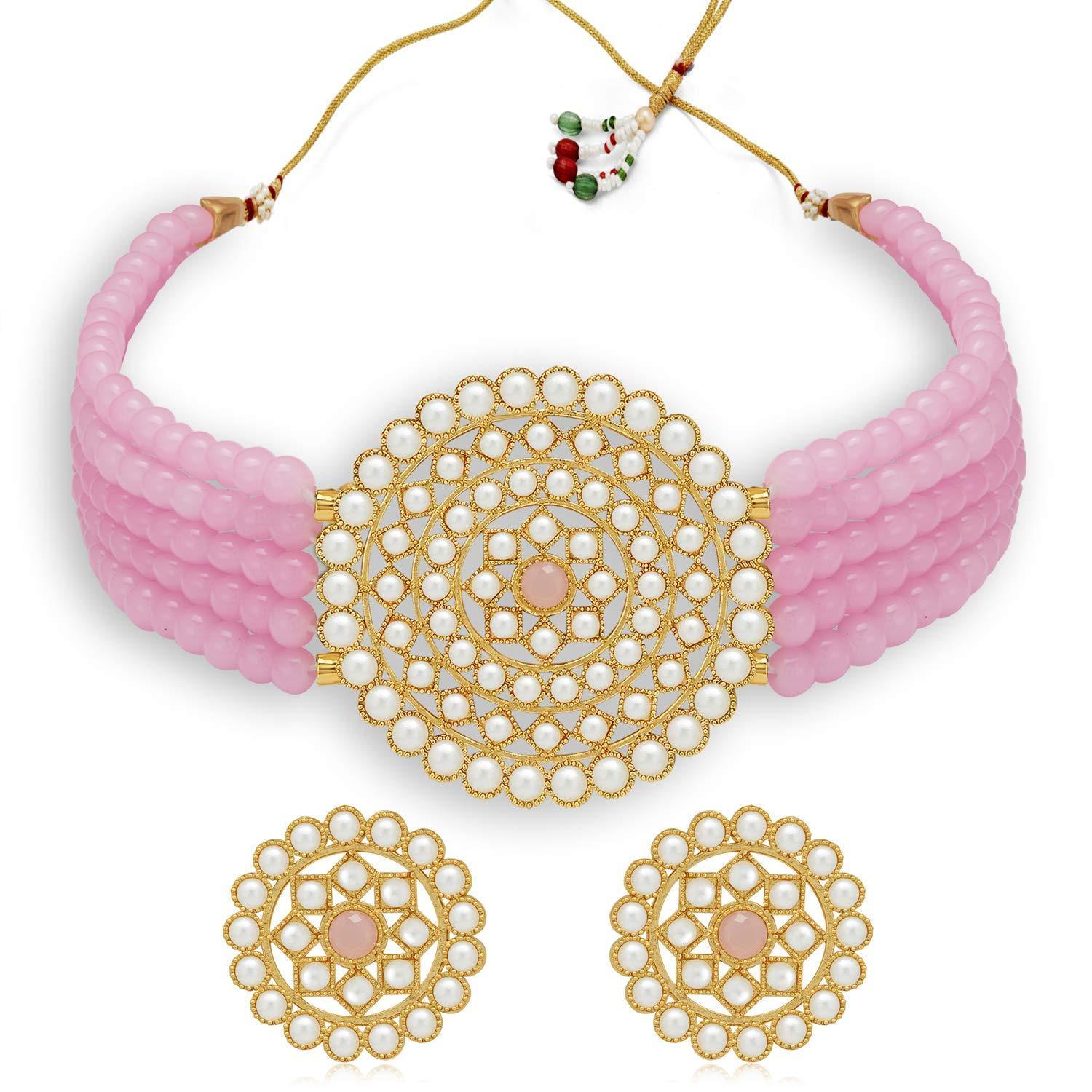 Women's Gold Plated Pink Light Weight Pearl Beaded Choker Necklace Set - i jewels