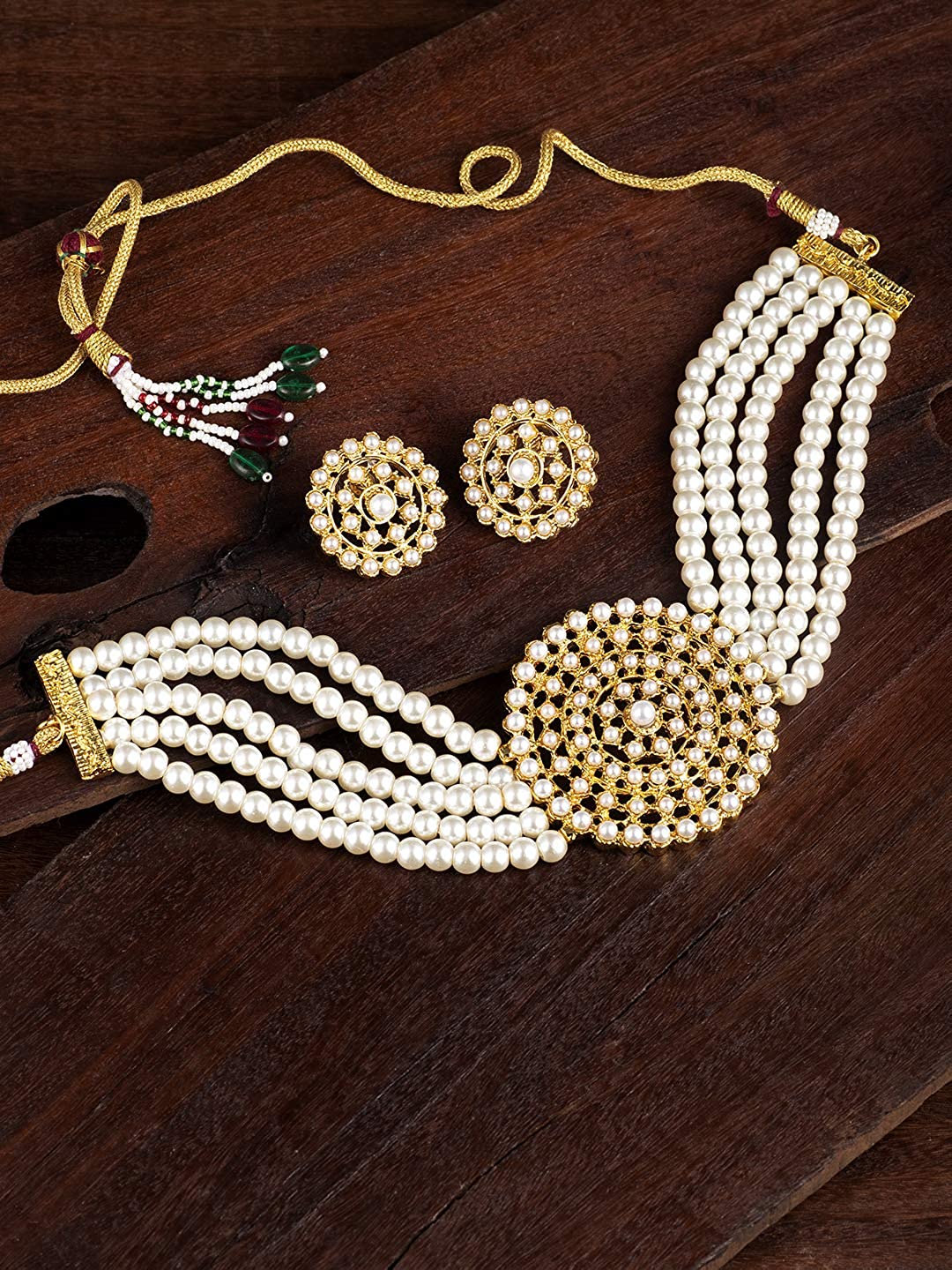 Women's Gold Plated White Light Weight Pearl Beaded Choker Necklace Set - i jewels