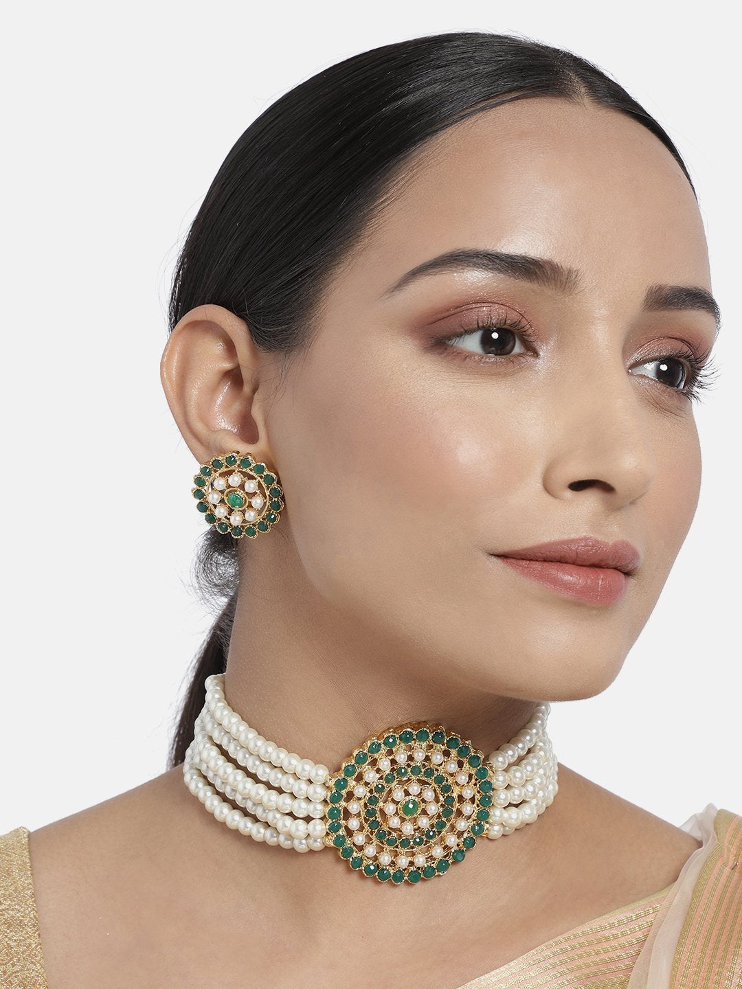 Buy Women's Gold Plated Green Light Weight Pearl Beaded Choker