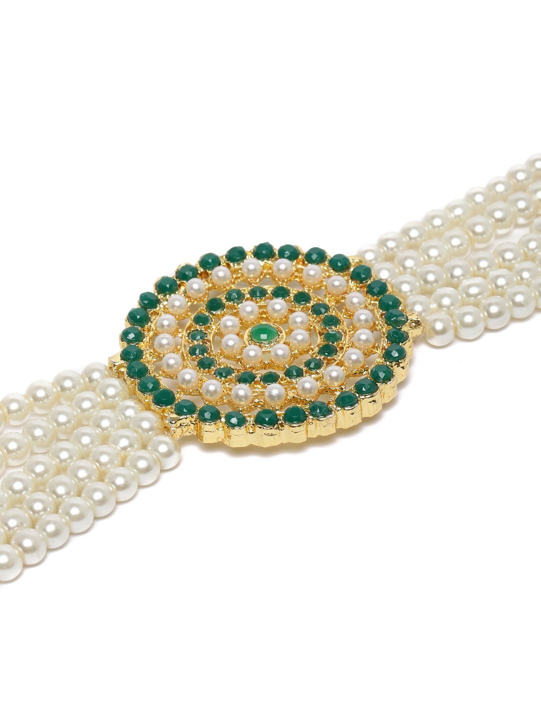 Women's Gold Plated Green Light Weight Pearl Beaded Choker Necklace Set - i jewels