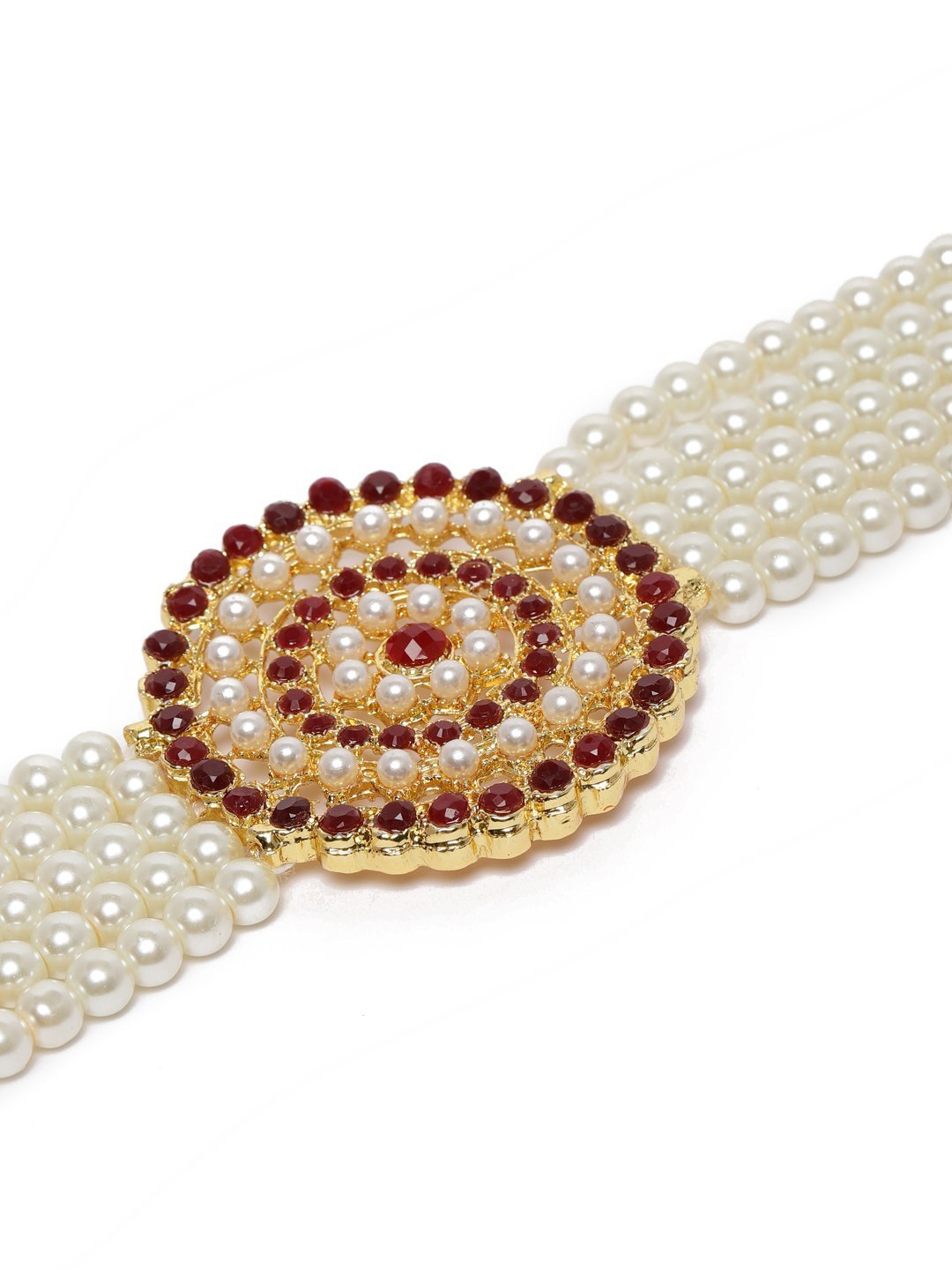 Women's Gold Plated Maroon Light Weight Pearl Beaded Choker Necklace Set - i jewels
