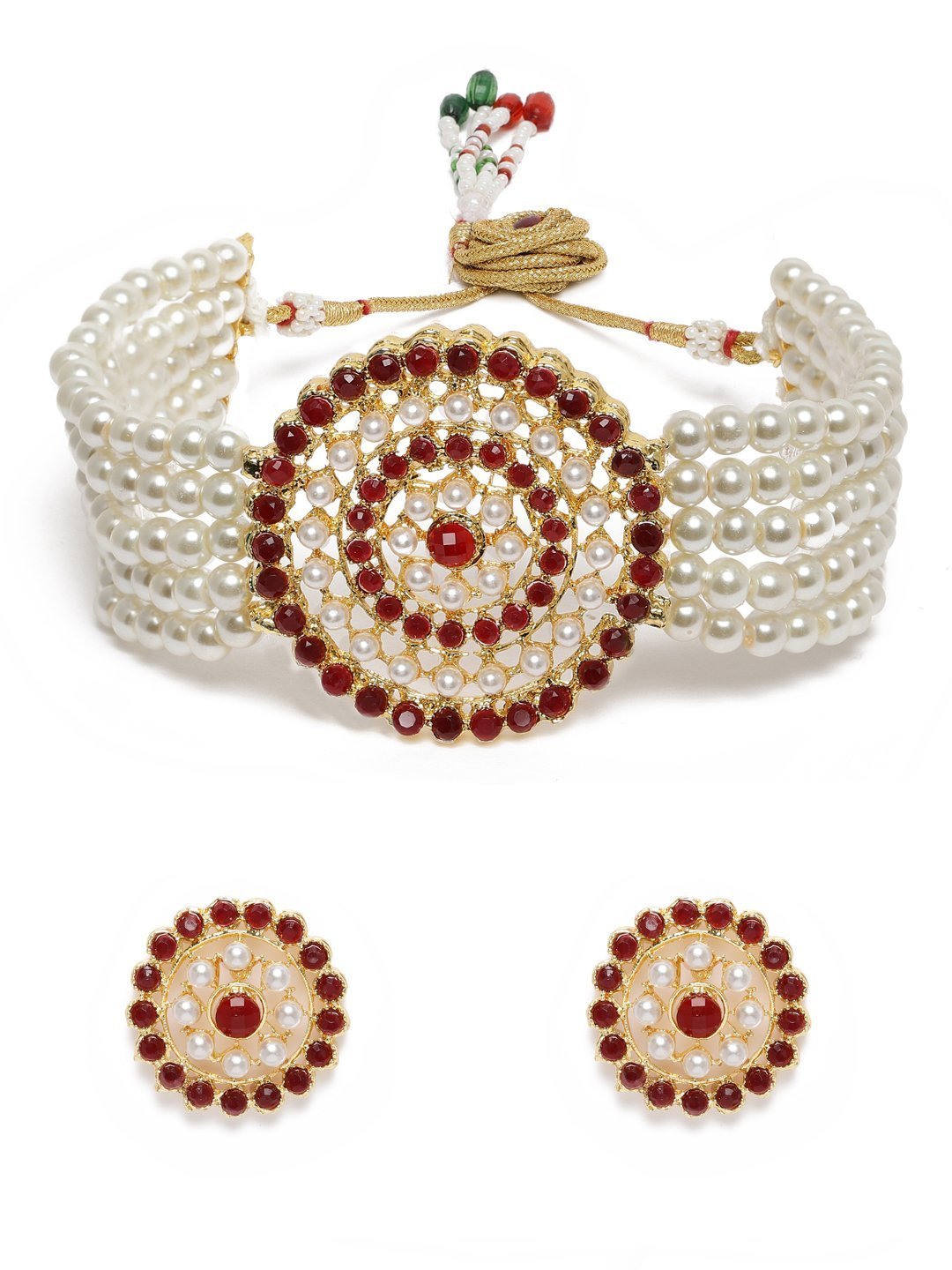 Women's Gold Plated Maroon Light Weight Pearl Beaded Choker Necklace Set - i jewels
