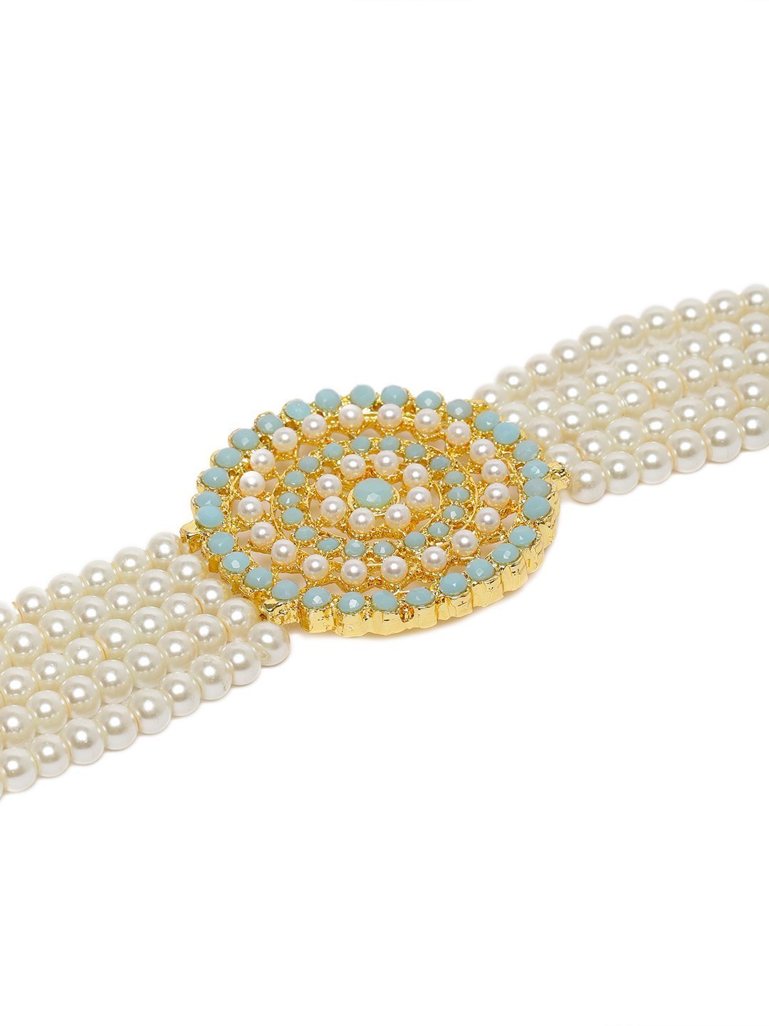 Women's Gold Plated Turquoise Light Weight Pearl Beaded Choker Necklace Set - i jewels