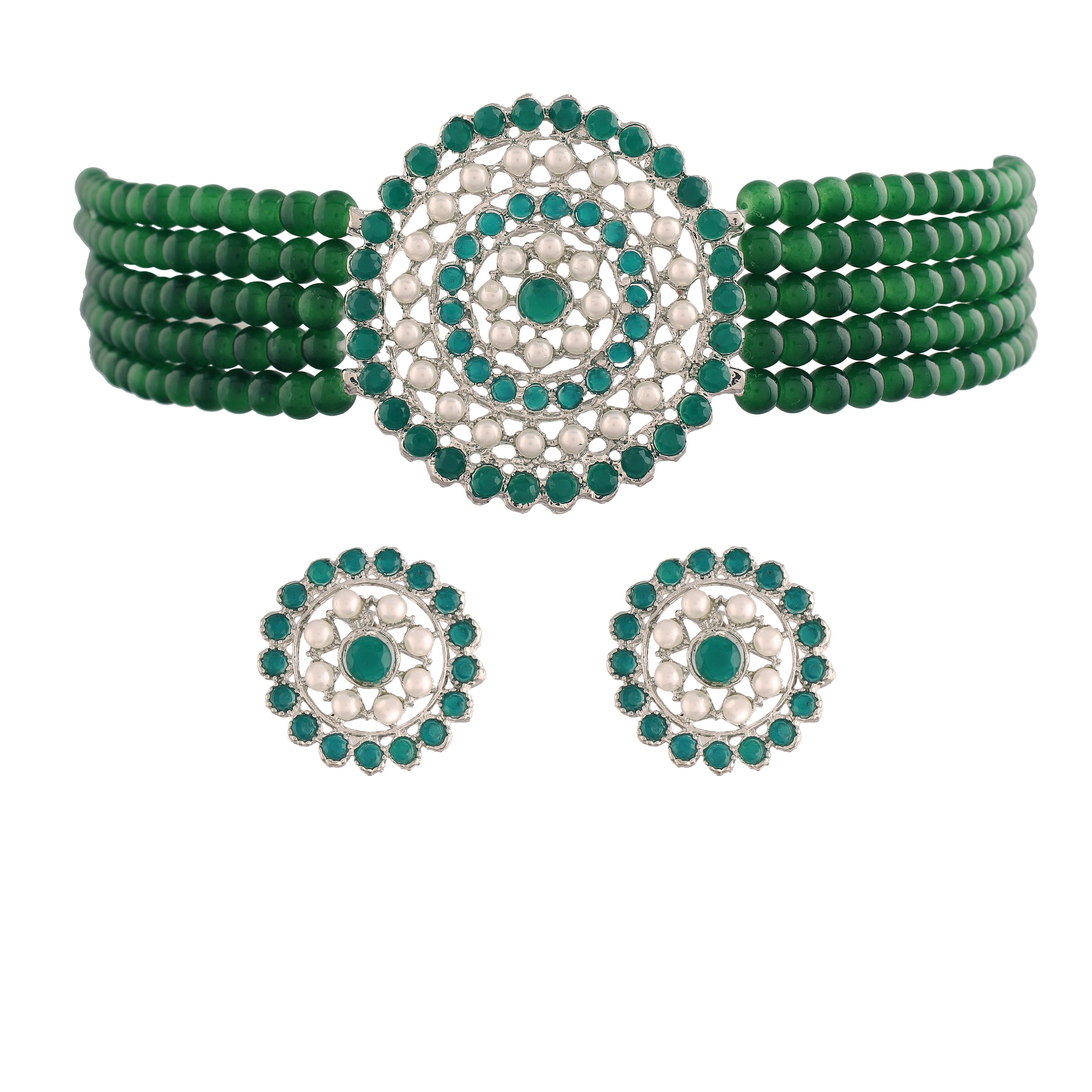Women's Rhodium Plated Green Light Weight Pearl Beaded Choker Necklace Set - i jewels