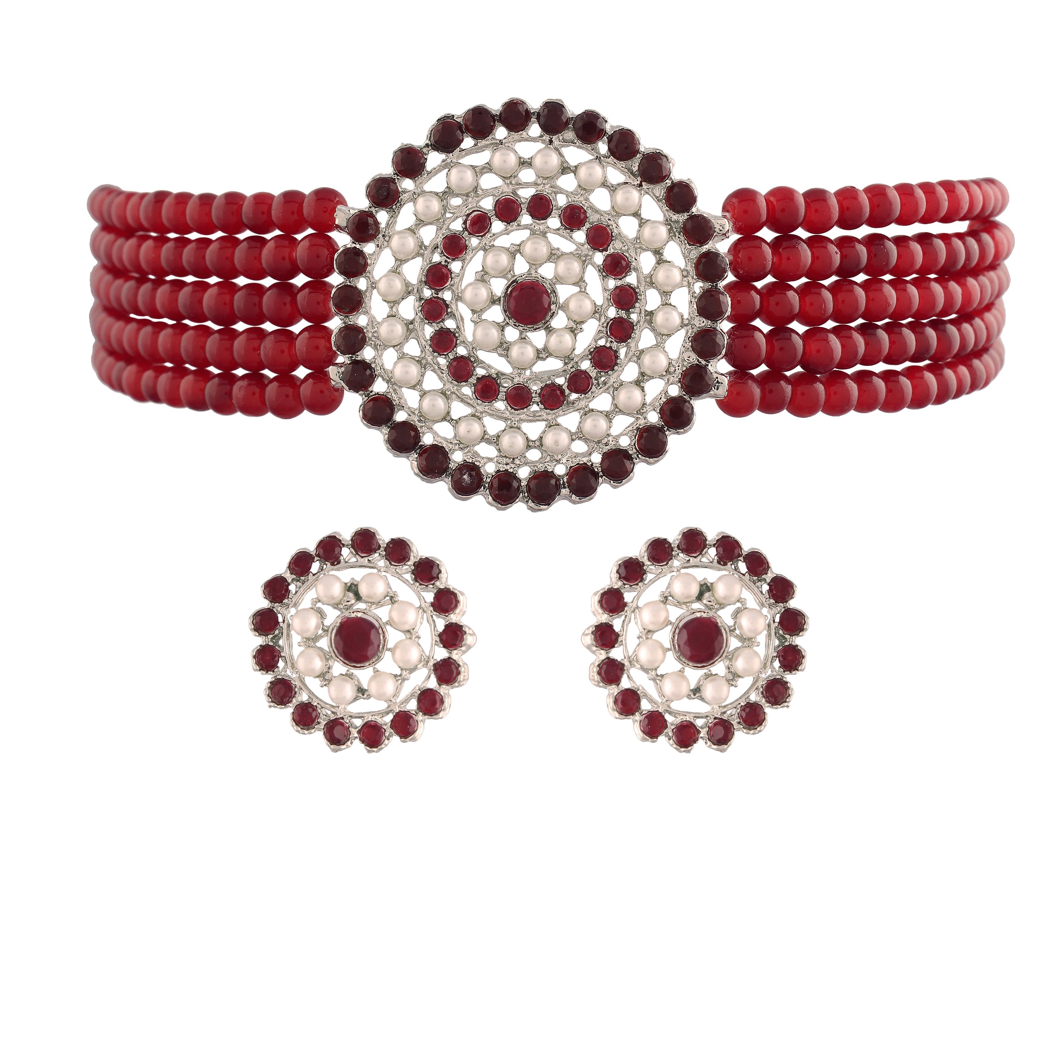 Women's Rhodium Plated Maroon Ethnic Light Weight Pearl Beaded Choker Necklace Set - i jewels