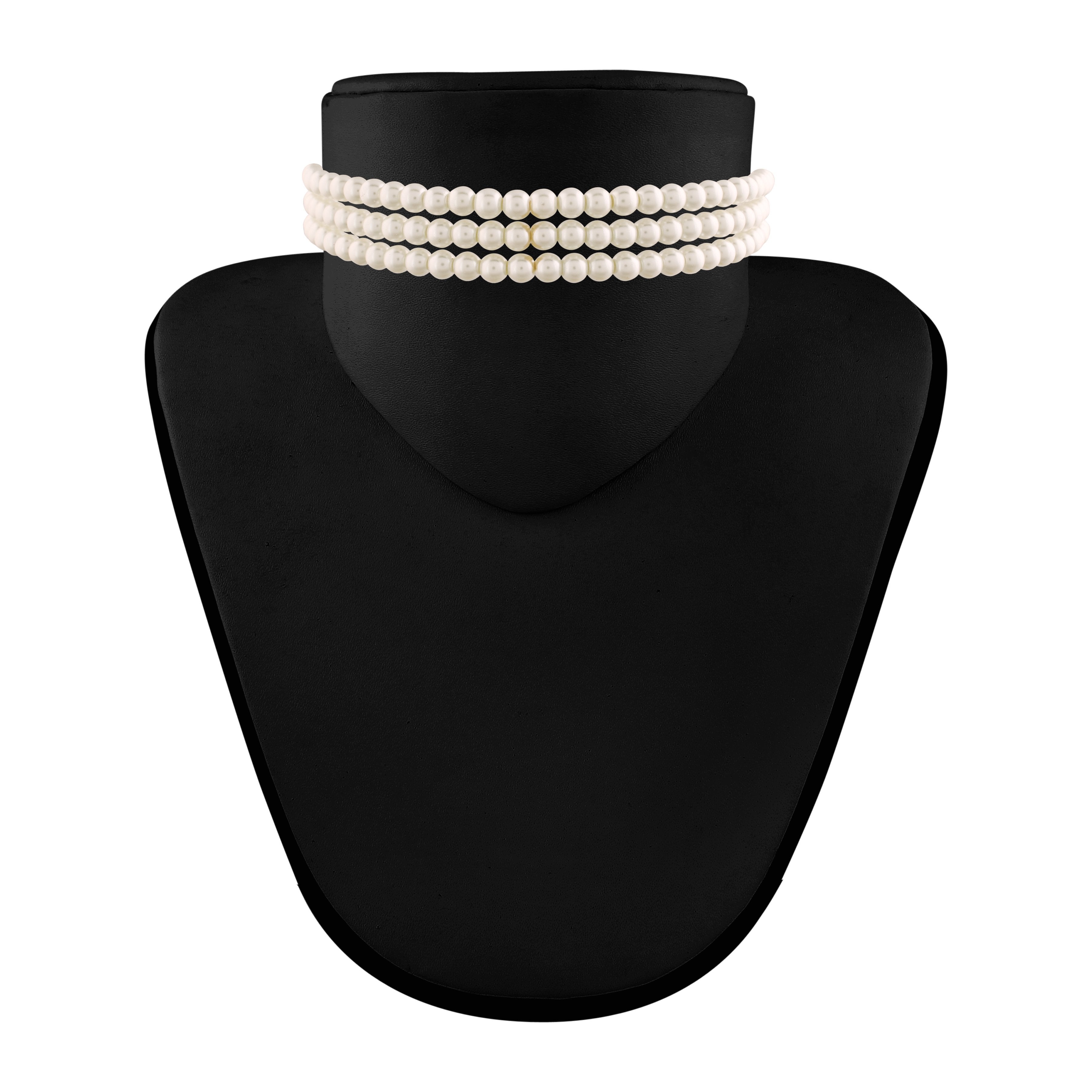 Women's Gold Plated White Handcrafted 3 Layer Light Weight Pearl Choker Necklace Set - i jewels
