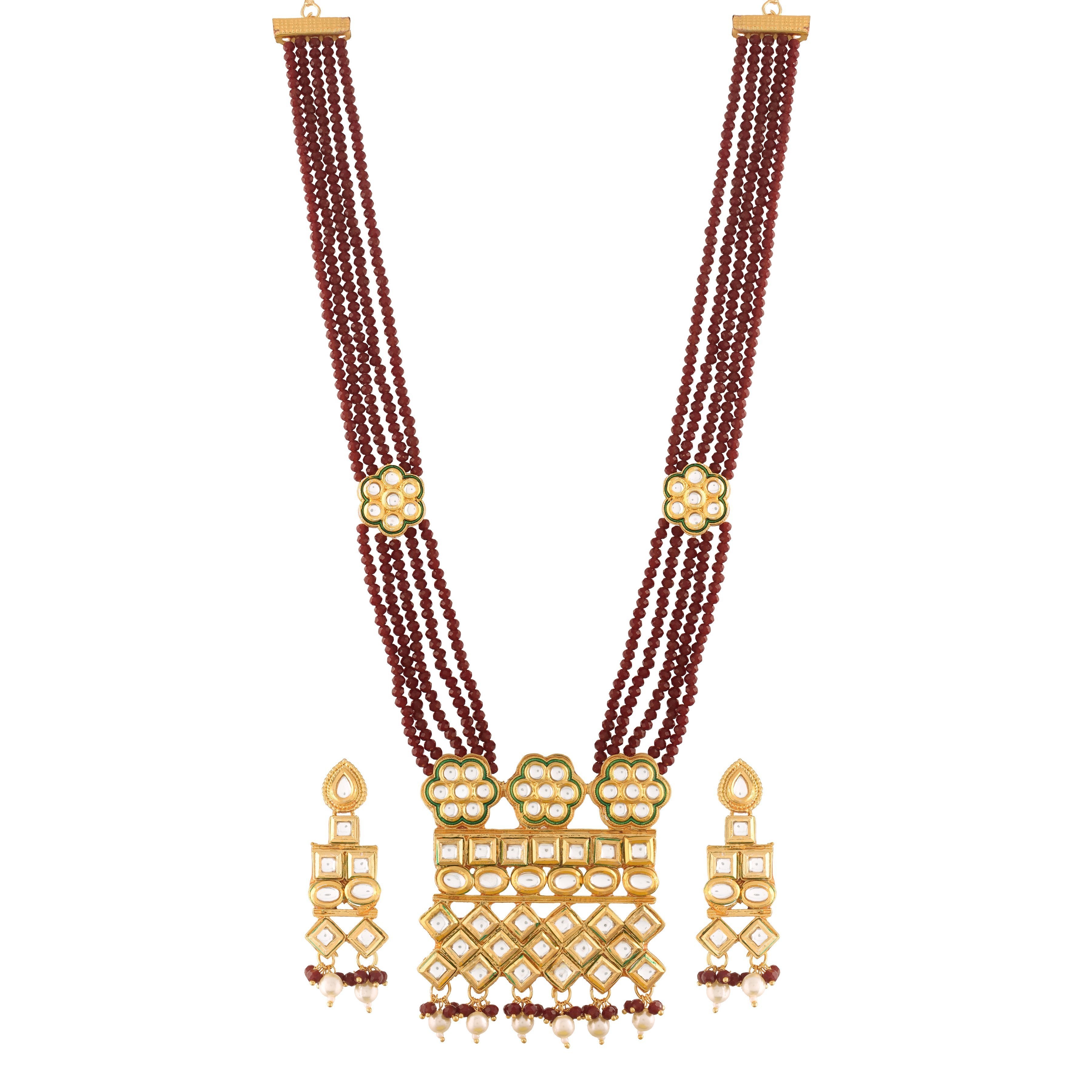 Women's Gold Plated Polki Kundan Brass Necklace Set With Earrings Maroon Crystal Onyx Long Mala - i jewels