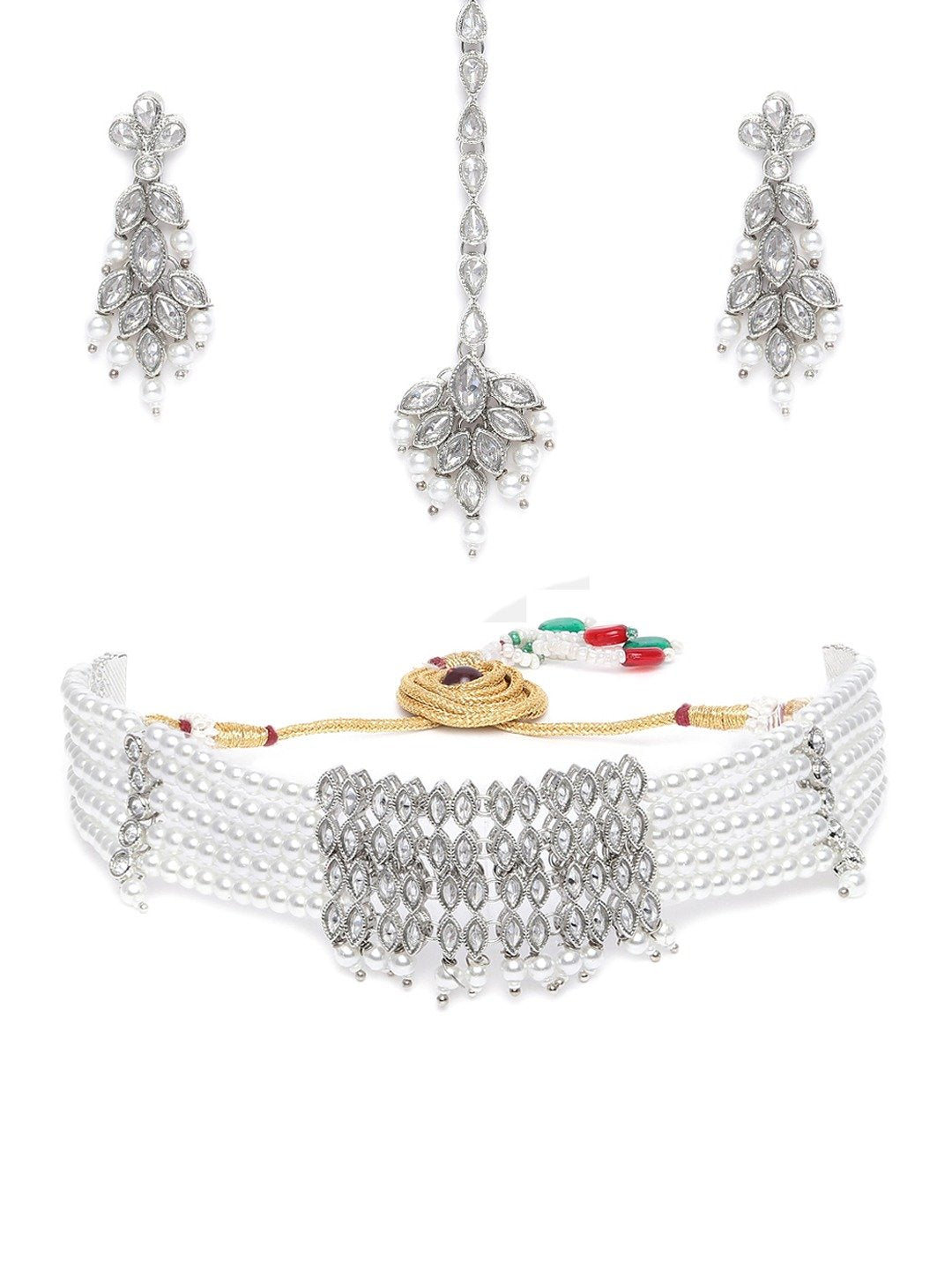 Women's Silver Plated White Crystal Beads with Stone Studded Choker Necklace Set - i jewels