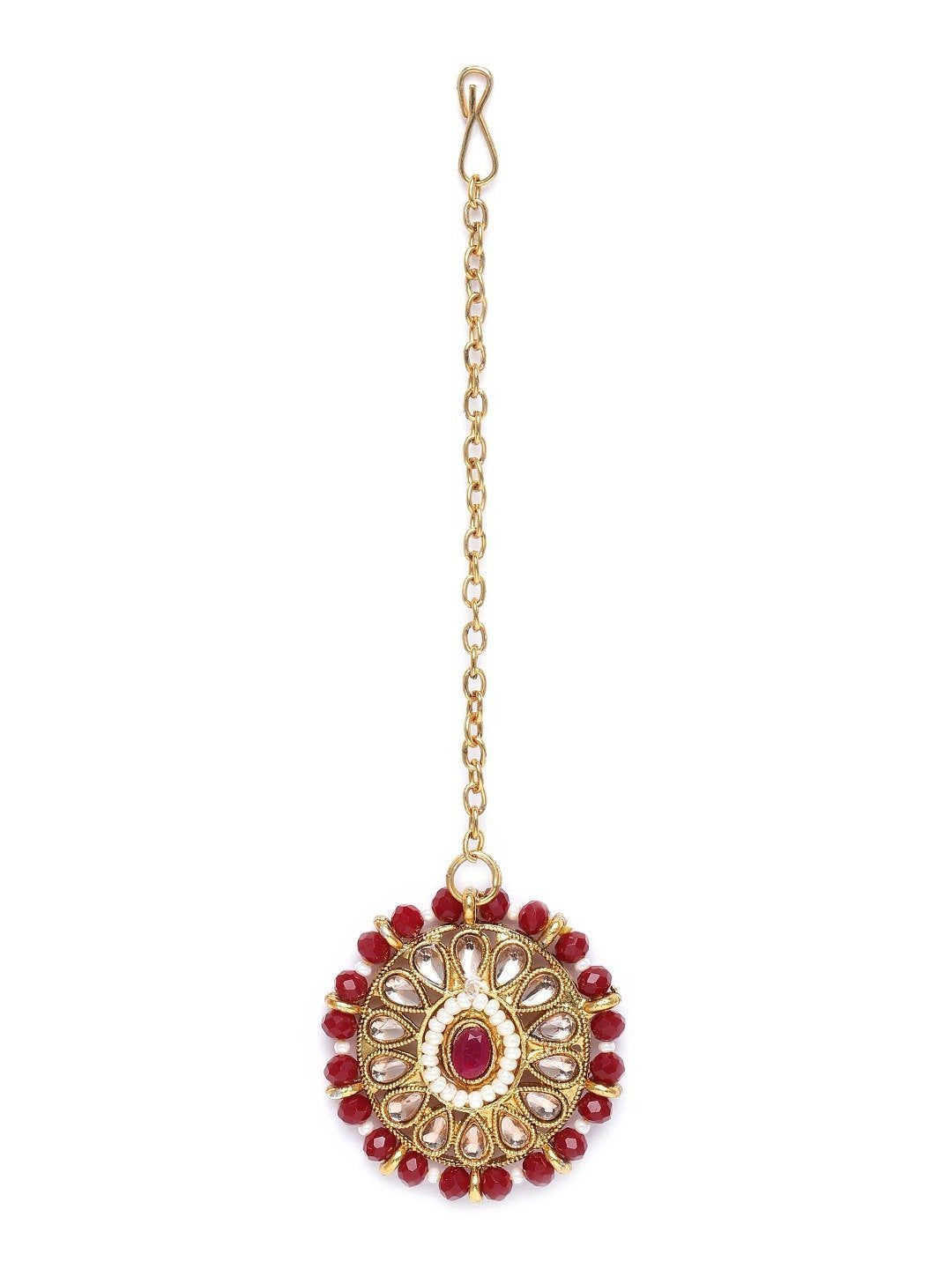 Women's Gold Plated Maroon Onyx Crystal Beads with Peal Kundan Choker Necklace Set - i jewels