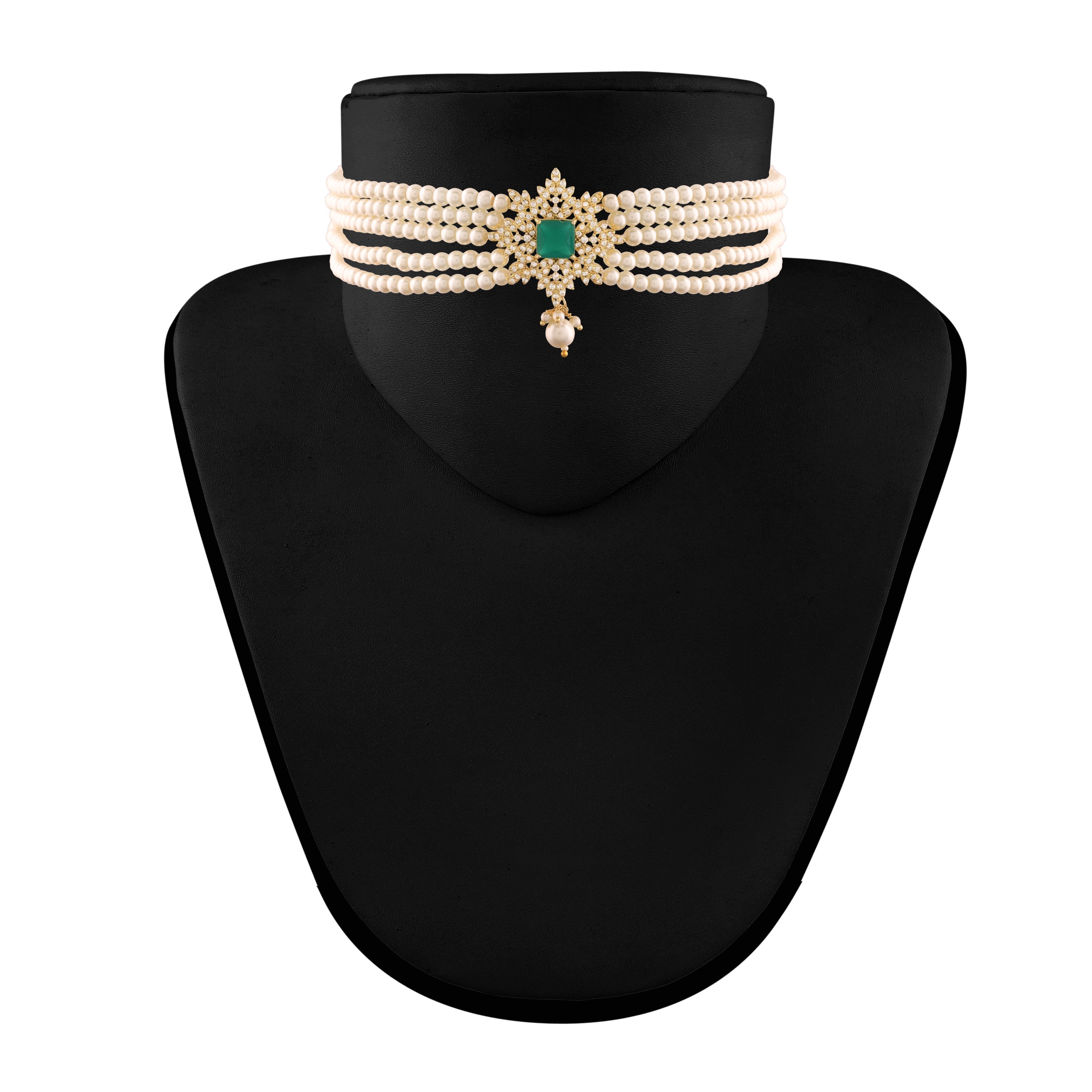 Women's Gold PlatedGreen CZ Crystal with Pearl Choker Necklace Set - i jewels