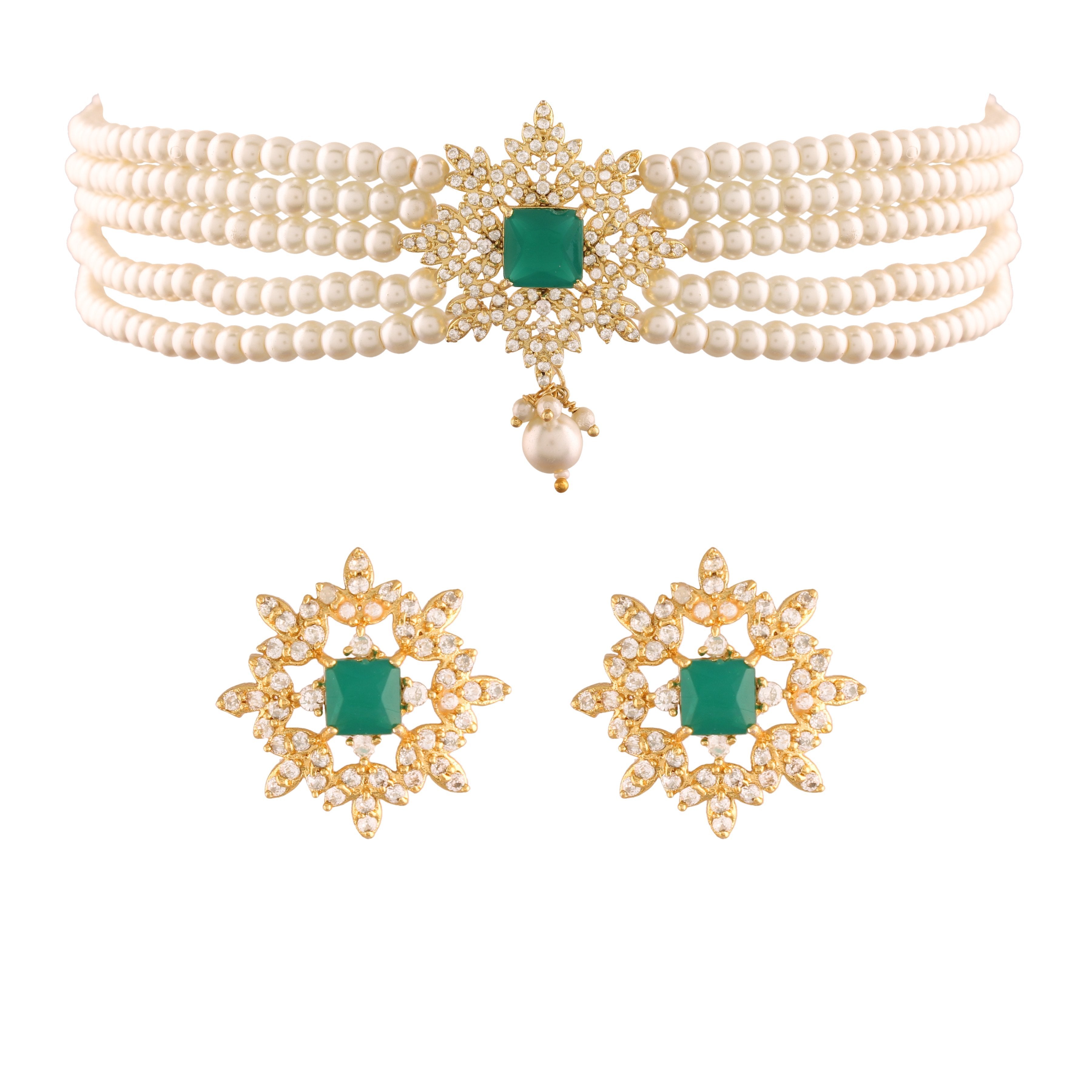 Women's Gold PlatedGreen CZ Crystal with Pearl Choker Necklace Set - i jewels