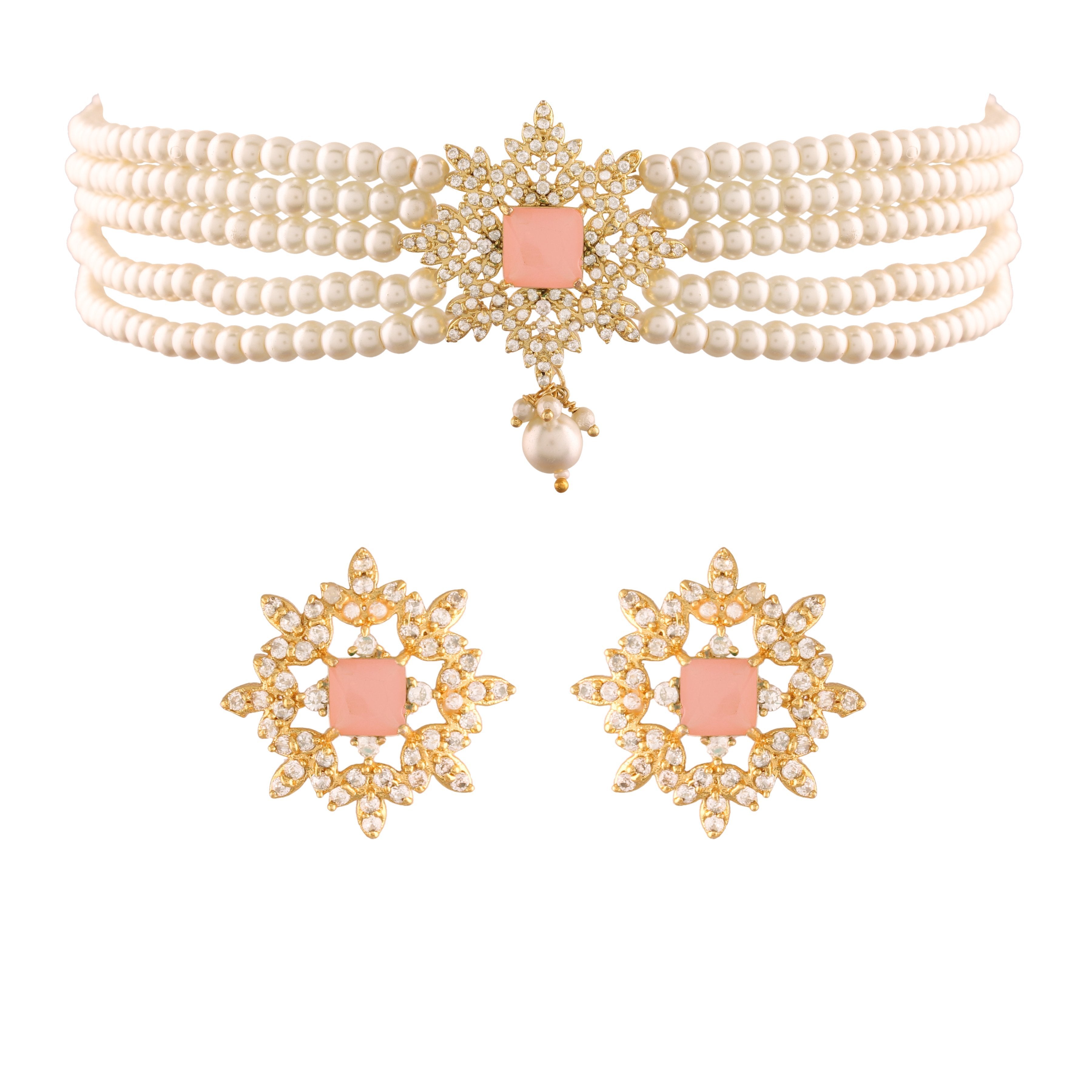 Women's Gold Plated Pink CZ Crystal Stone with Pearl Choker Necklace Set - i jewels