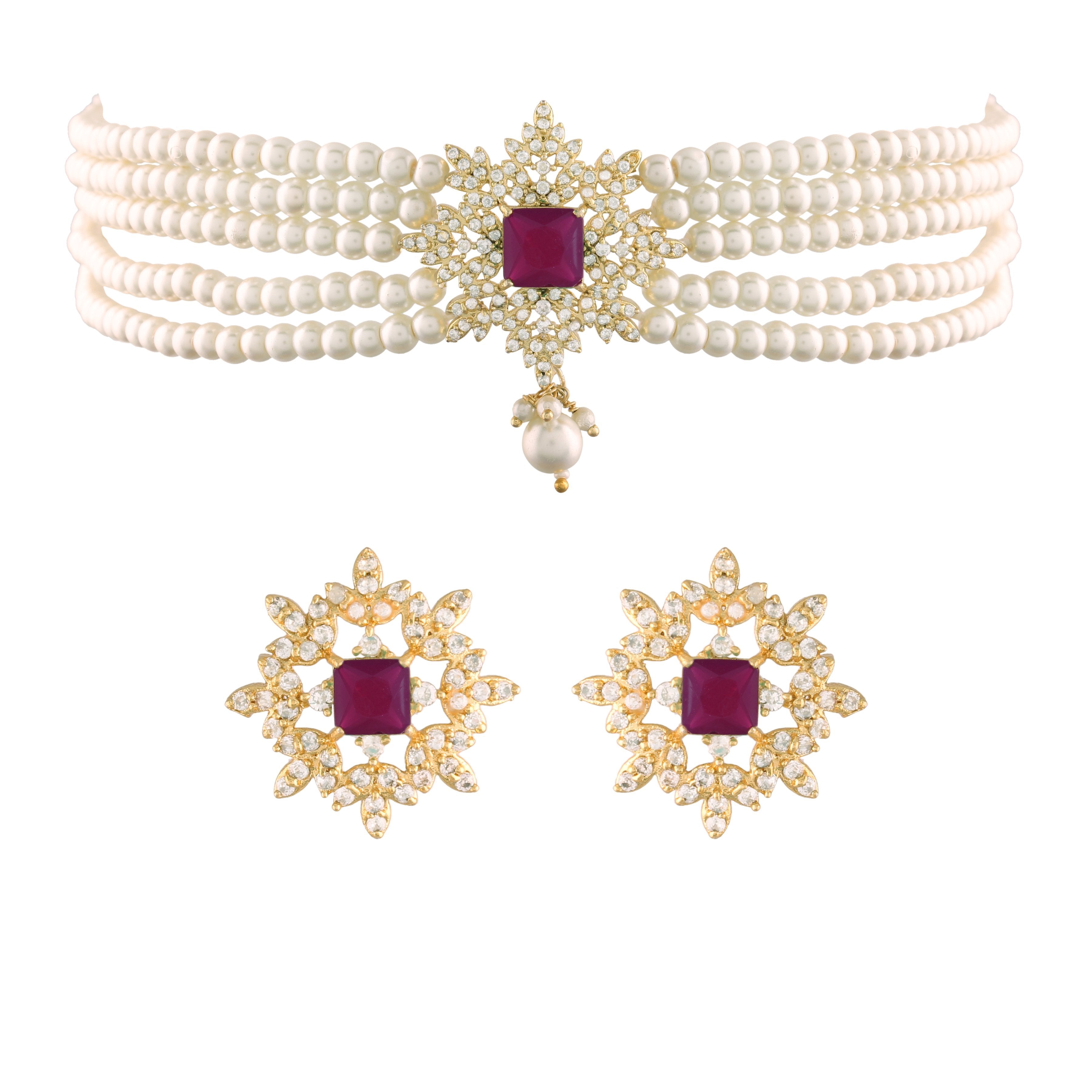 Women's Gold Plated Dark Pink CZ Crystal with Pearl Choker Necklace Set - i jewels